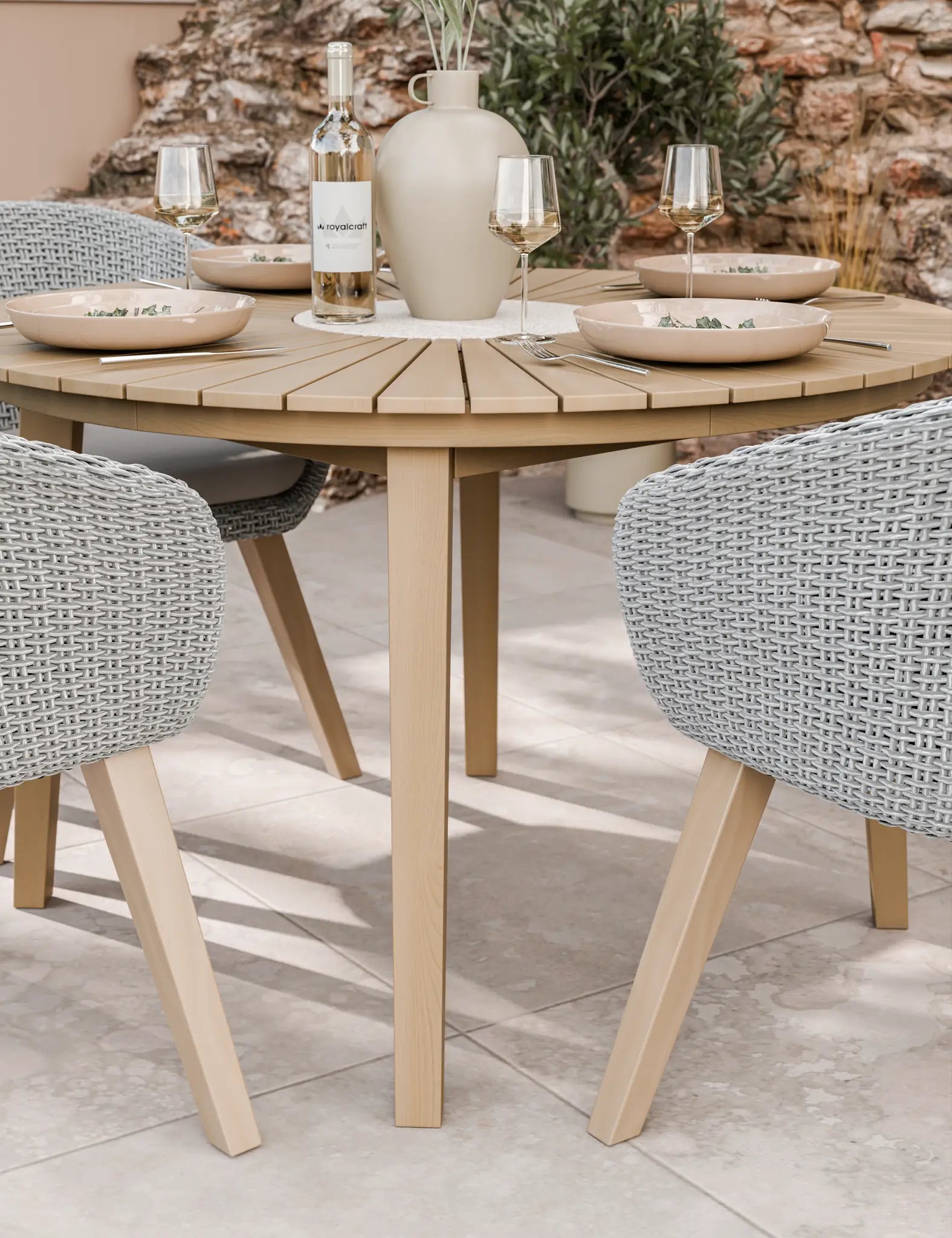 Bella 4 Seater Wood Round Sunray with Terrazzo Insert Dining Set with Sol Dining Chairs