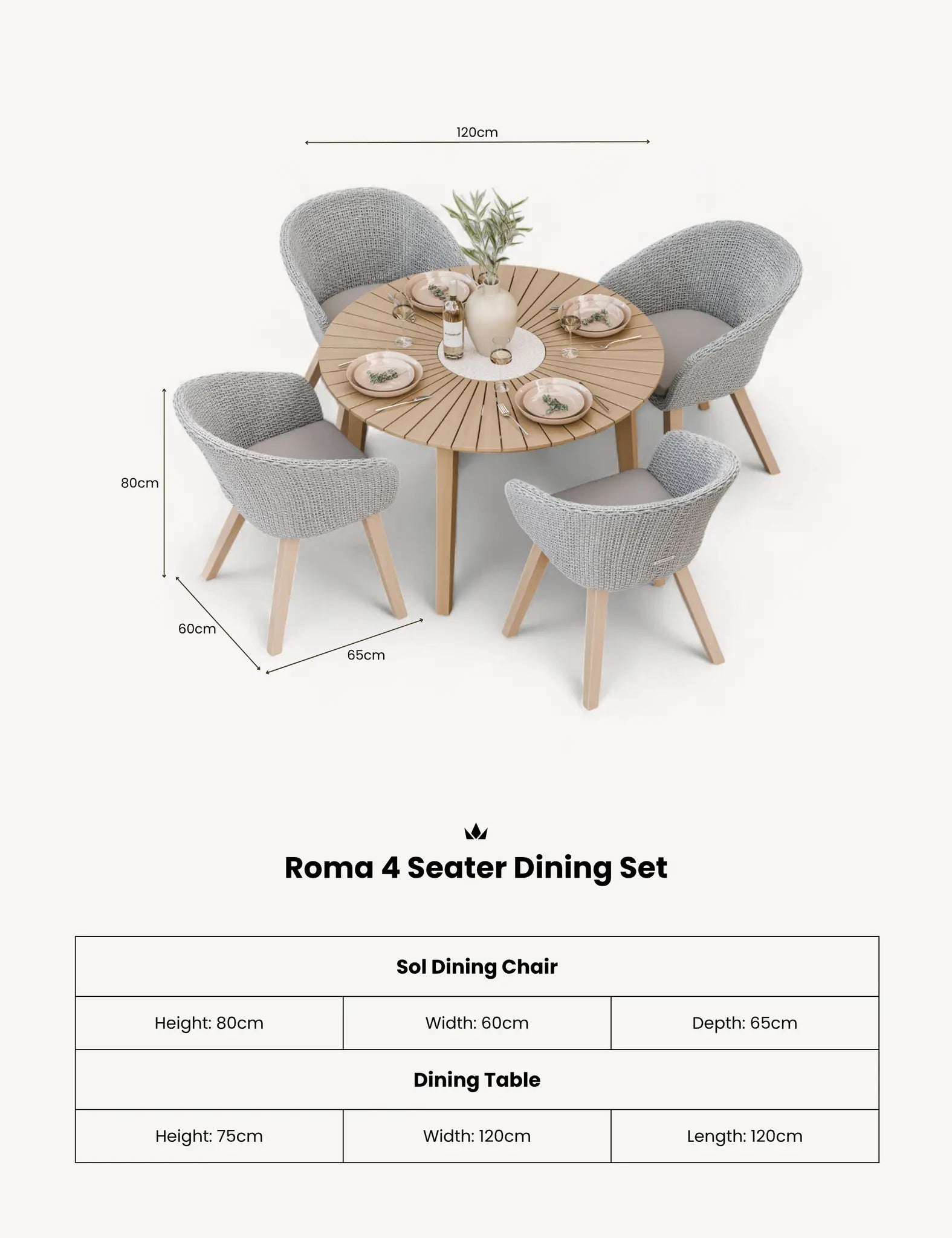 Bella 4 Seater Wood Round Sunray with Terrazzo Insert Dining Set with Sol Dining Chairs