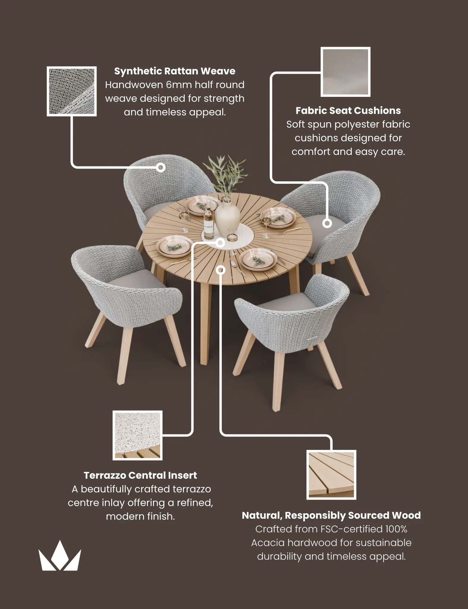 Bella 4 Seater Wood Round Sunray with Terrazzo Insert Dining Set with Sol Dining Chairs