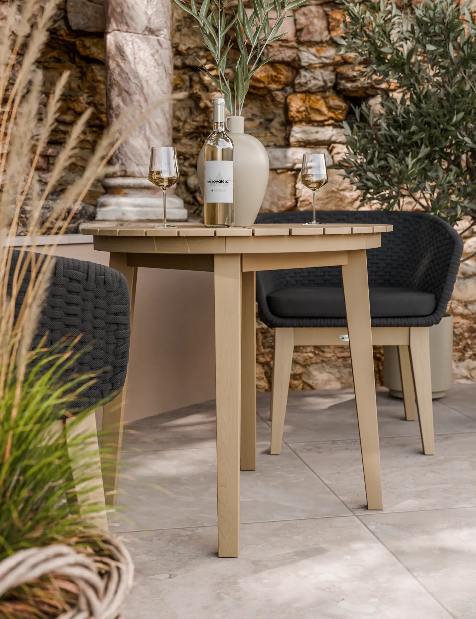 Bella 2 Seater Wood Round Sunray Bistro Dining Set with Tess Night Dining Chairs