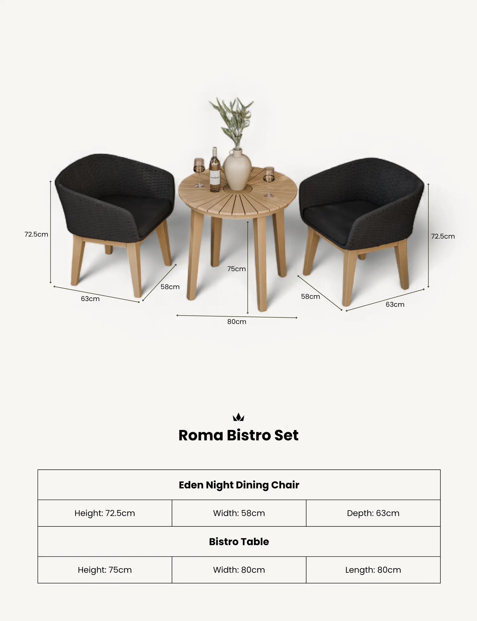 Bella 2 Seater Wood Round Sunray Bistro Dining Set with Tess Night Dining Chairs