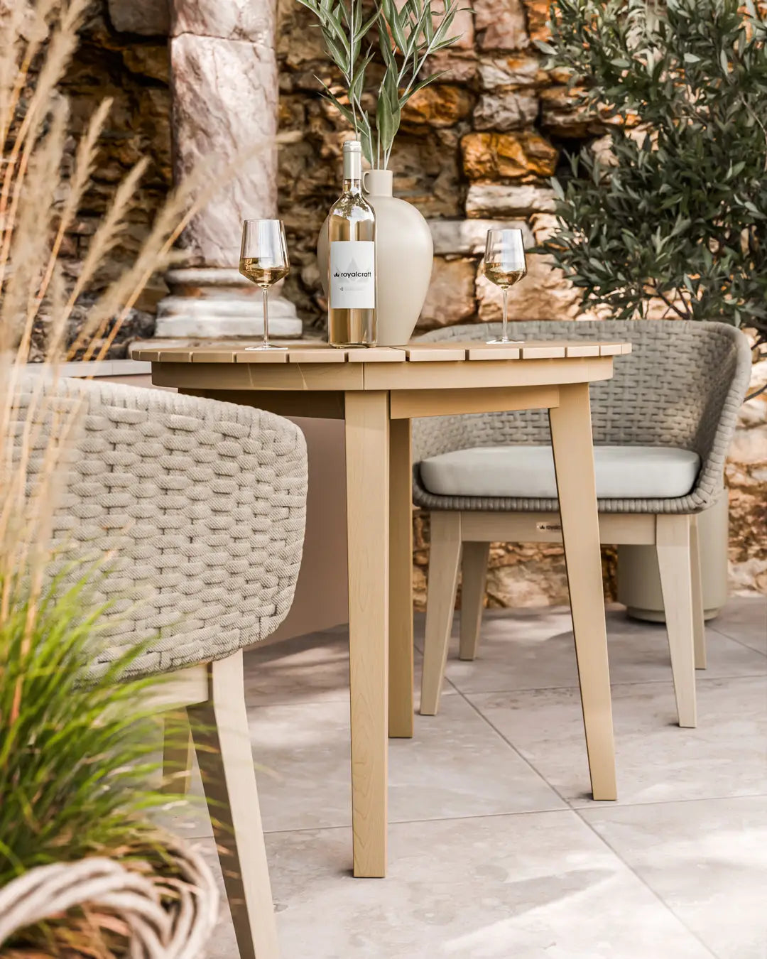 Bella 2 Seater Wood Round Sunray Bistro Dining Set with Tess Dawn Chair