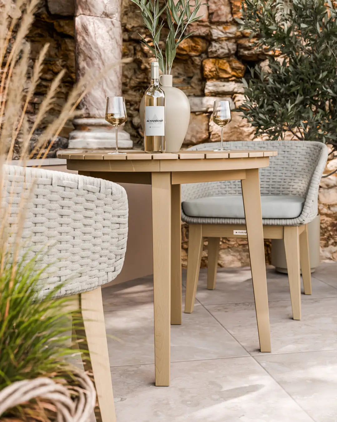 Bella 2 Seater Wood Round Sunray Bistro Dining Set with Tess Dusk Chair