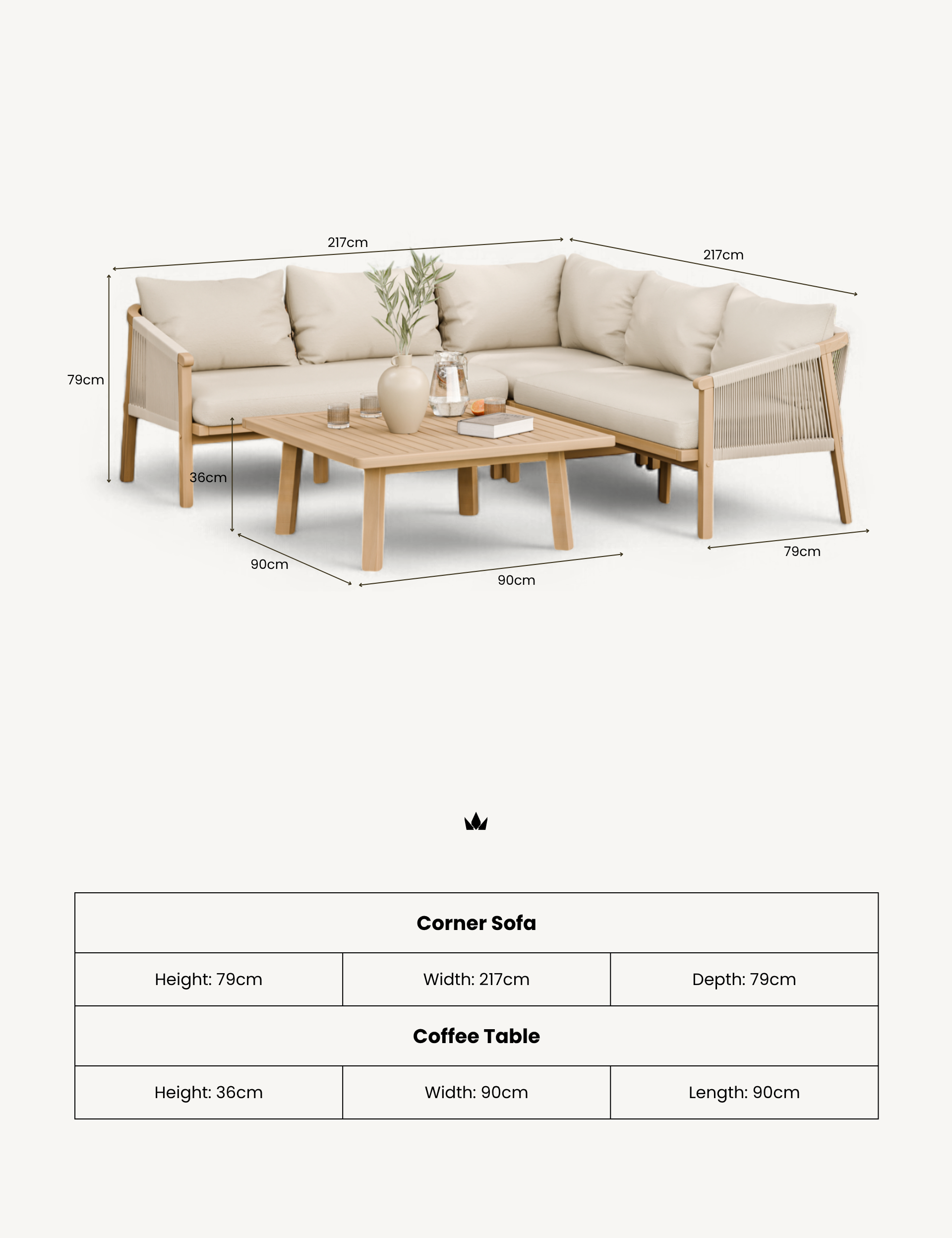 Bella 5 Seater Beige Corner Lounge Set with Square Coffee Table
