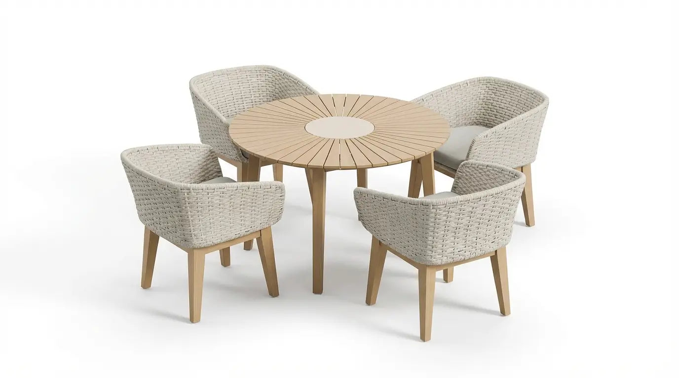 Bella 4 Seater Wood Round Sunray with Terrazzo Insert Dining Set with Tess Dusk Chairs