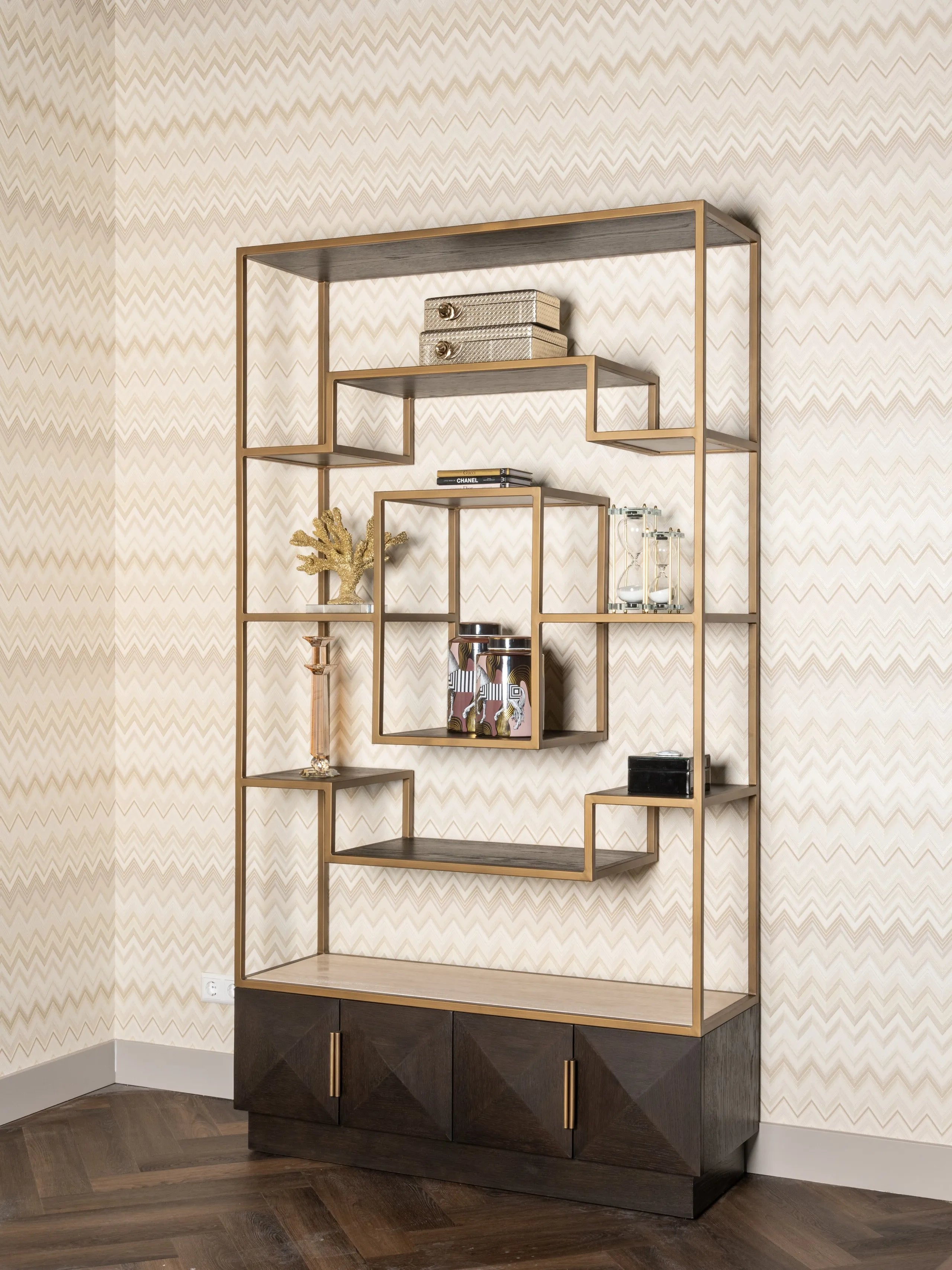 Richmond Interiors Claremont Gold & Brown Oak Wood Display Unit
