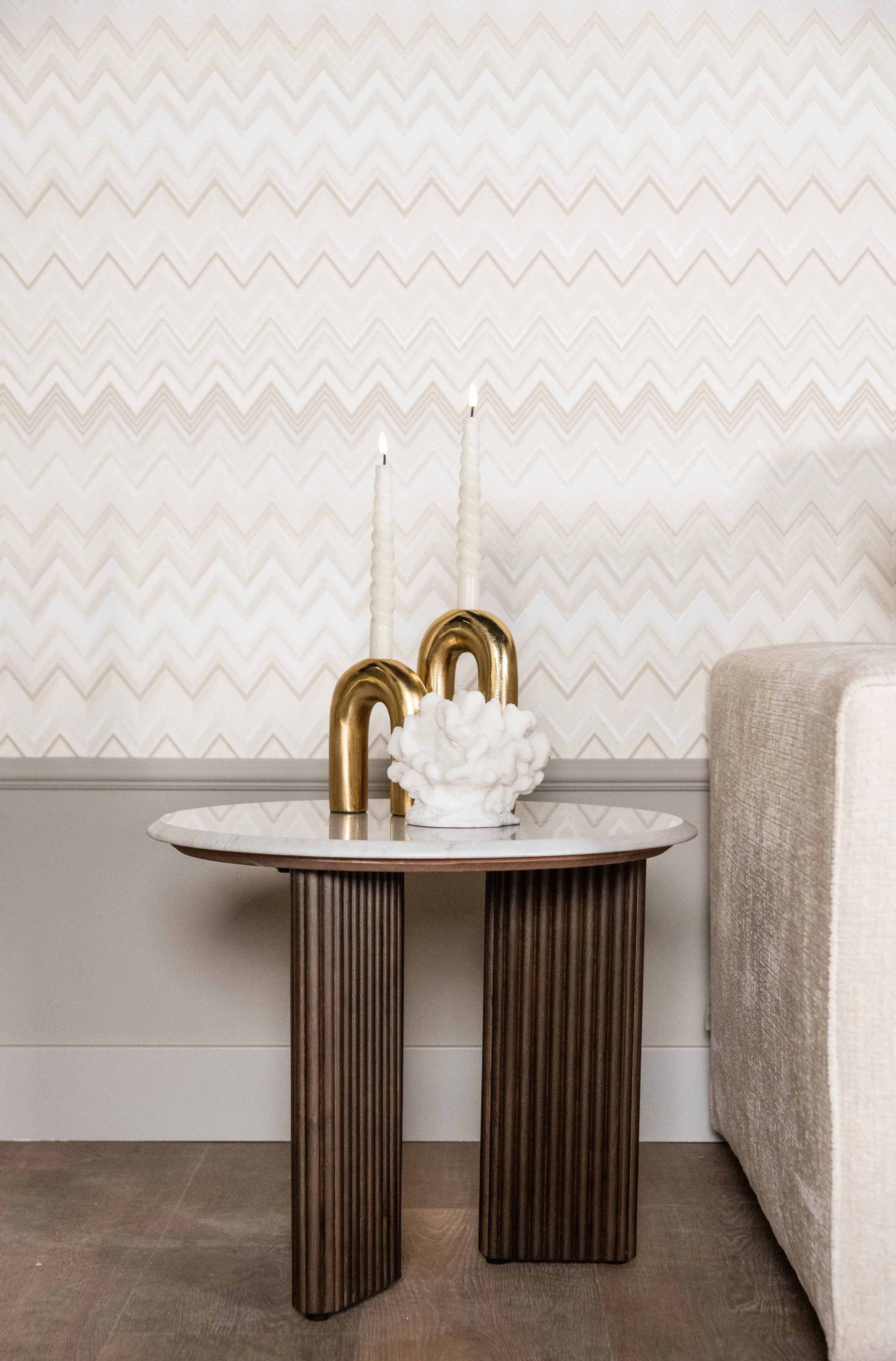Richmond Interiors Mayfield White Morchana Marble & Brown Wood Round Side Table