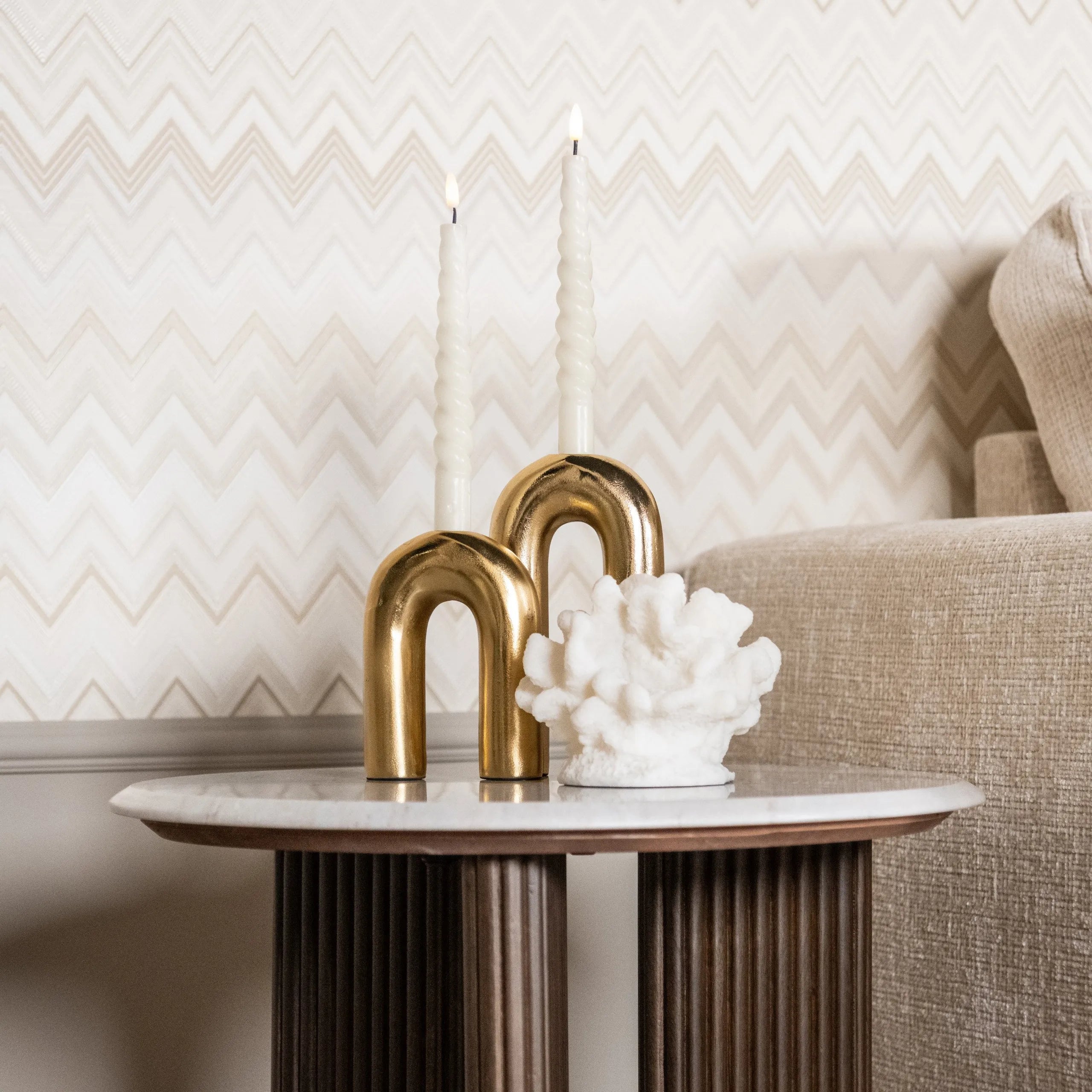 Richmond Interiors Mayfield White Morchana Marble & Brown Wood Round Side Table
