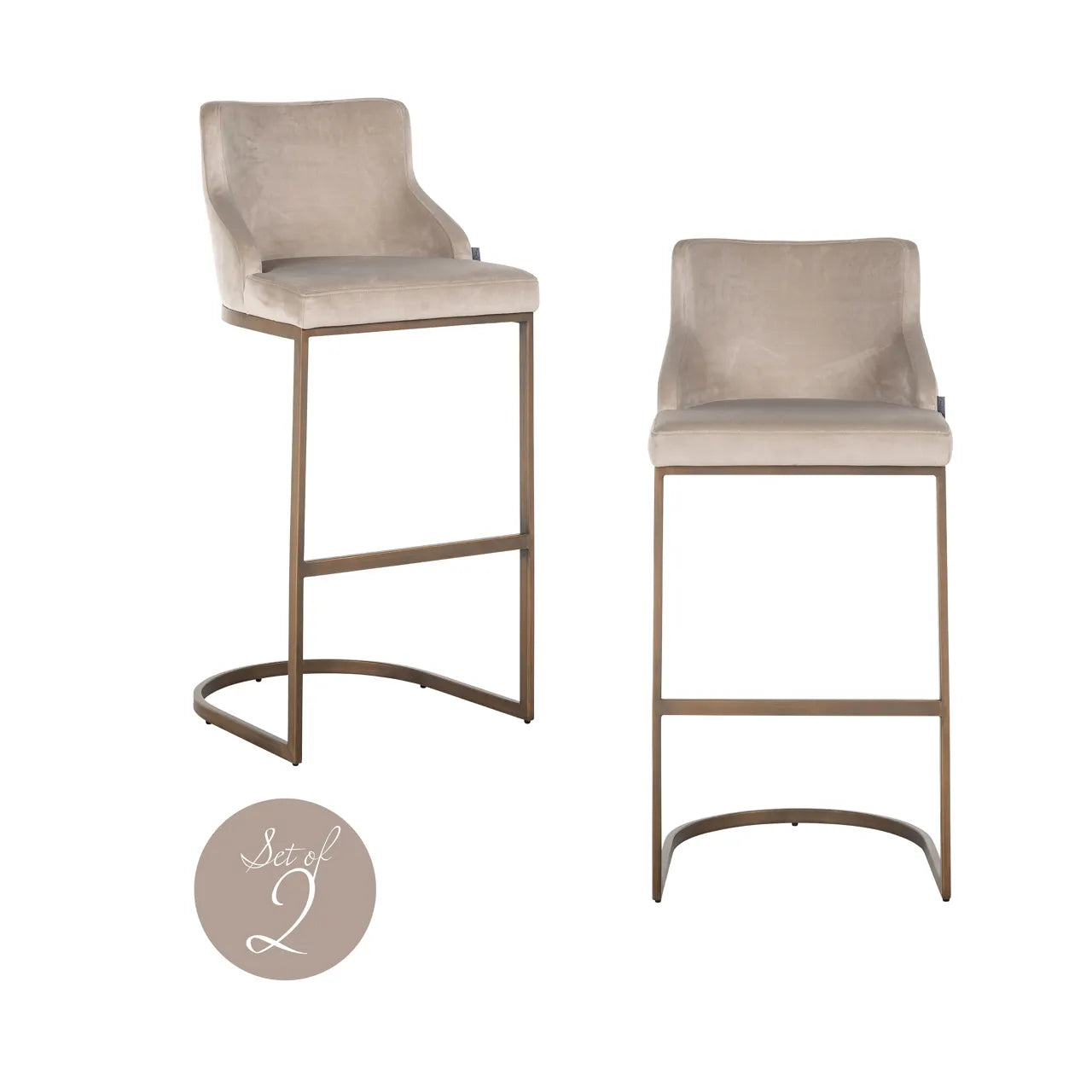Set of 2 Richmond Interiors Bolton Brushed Gold & Taupe Khaki Velvet Bar Stool