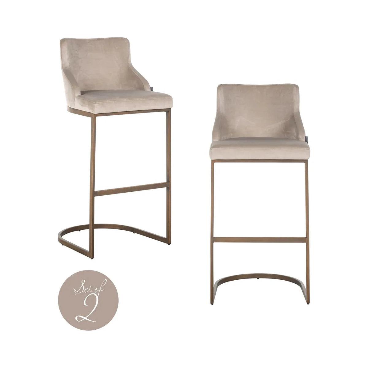 Set of 2 Richmond Interiors Bolton Brushed Gold & Taupe Khaki Velvet Bar Stool