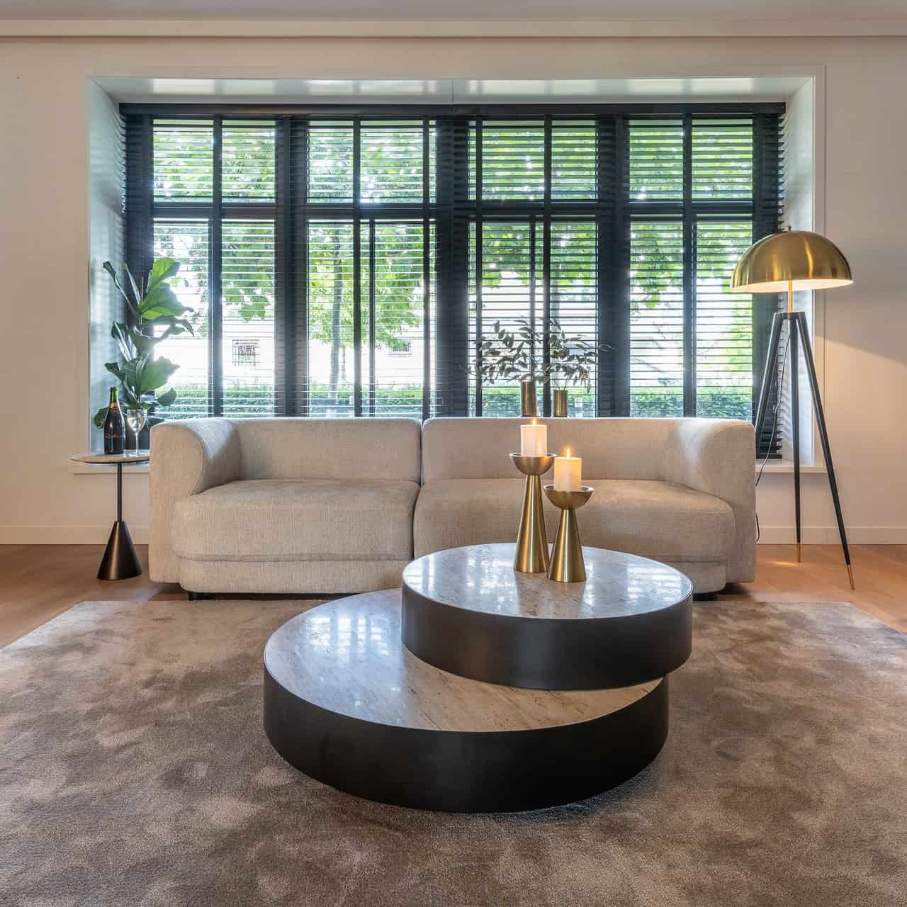 Richmond Interiors Avalon Bronze & Beige Travertine Layered Stacked Round Coffee Table