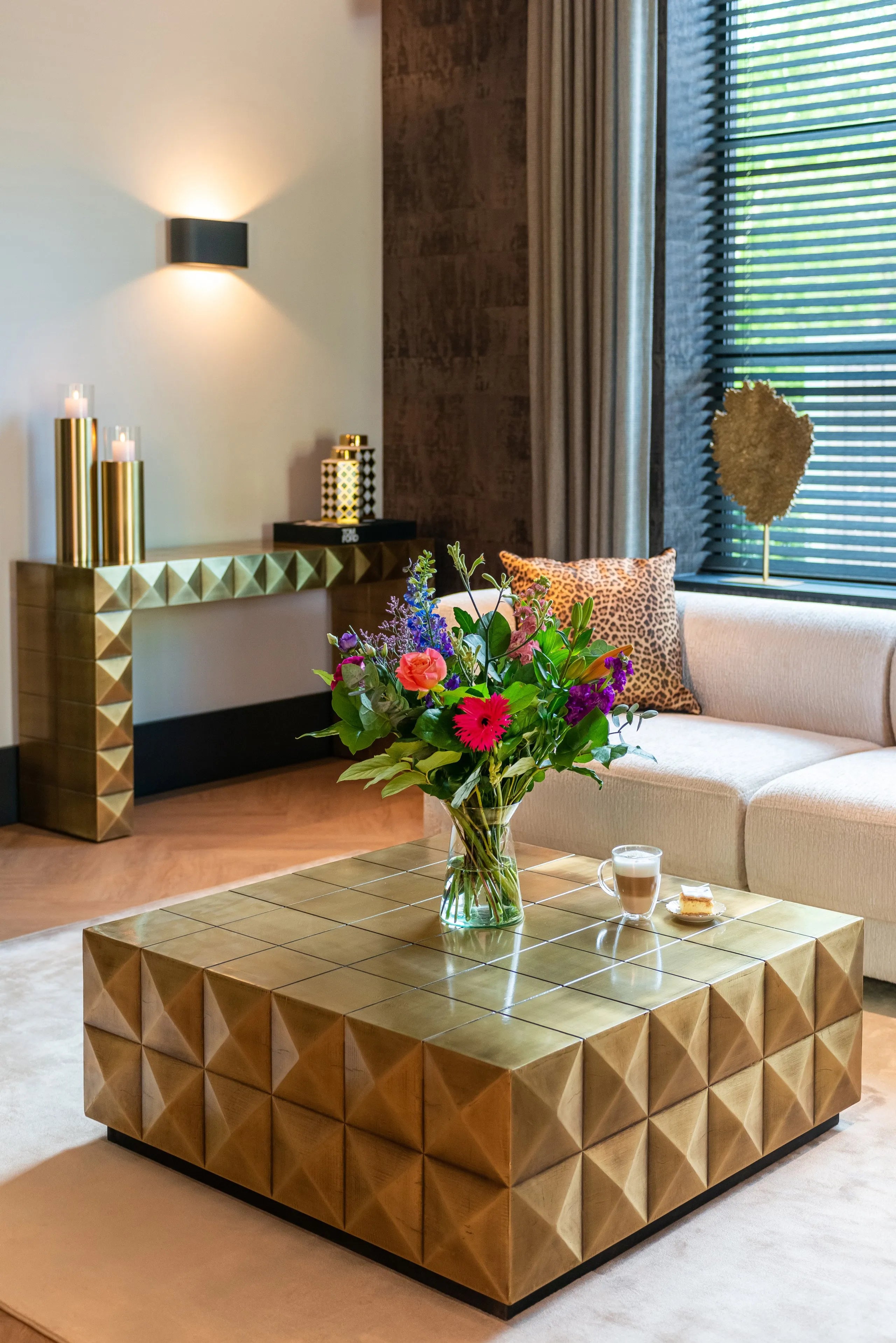 Richmond Interiors Collada Brushed Gold Geometric Pyramid Console Table