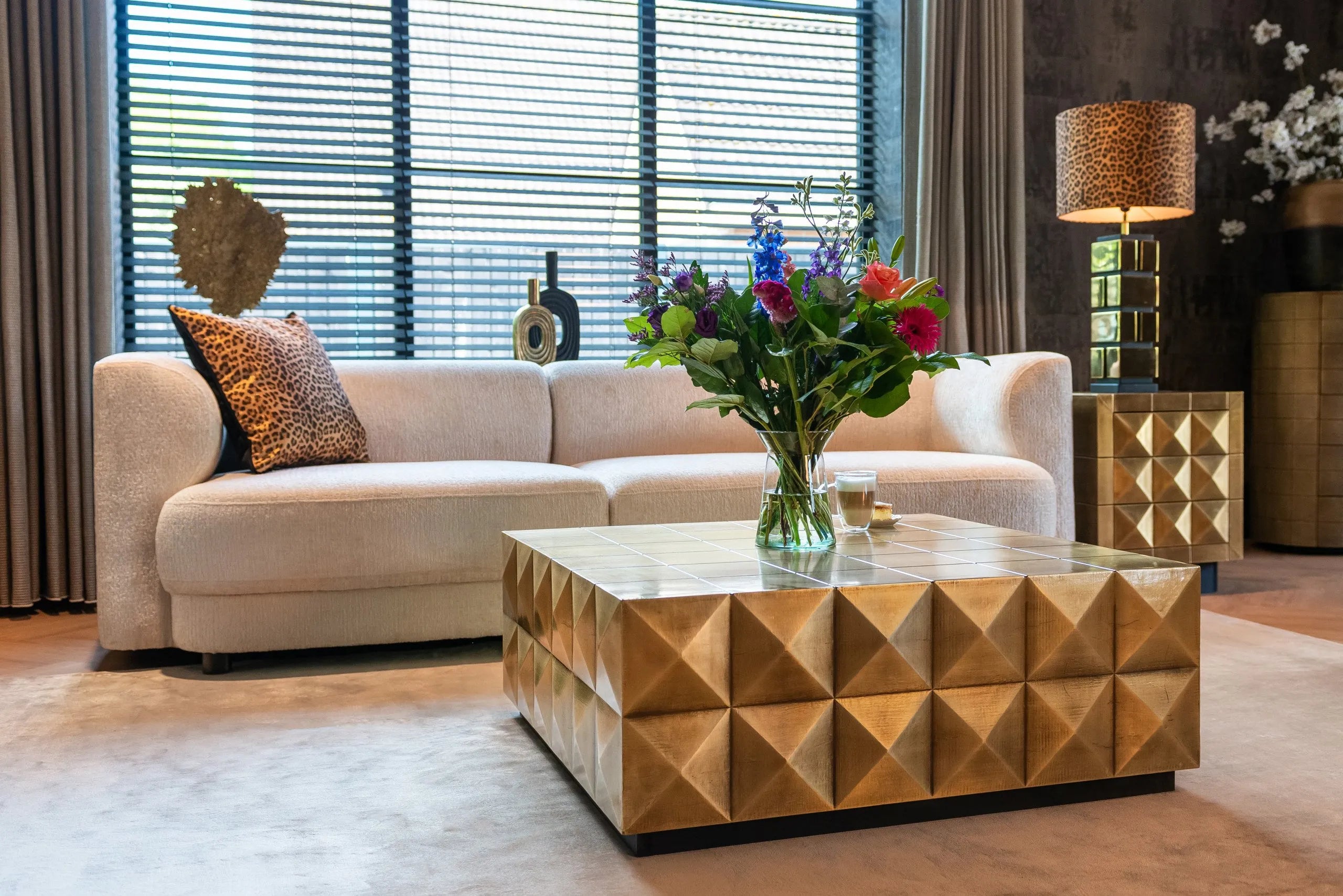 Richmond Interiors Collada Brushed Gold Geometric Pyramid Console Table