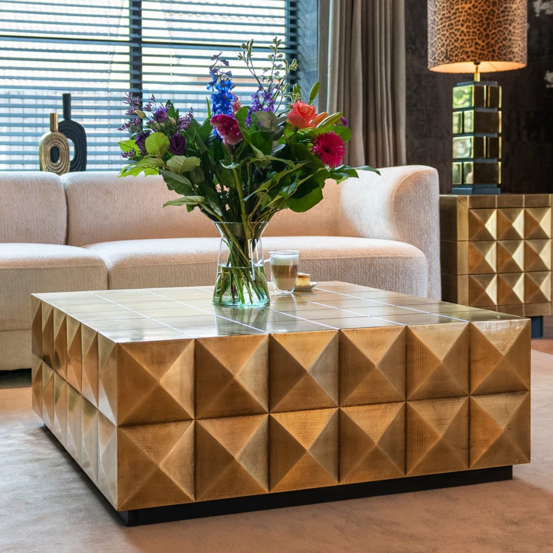 Richmond Interiors Collada Brushed Gold Geometric Pyramid Square Coffee Table