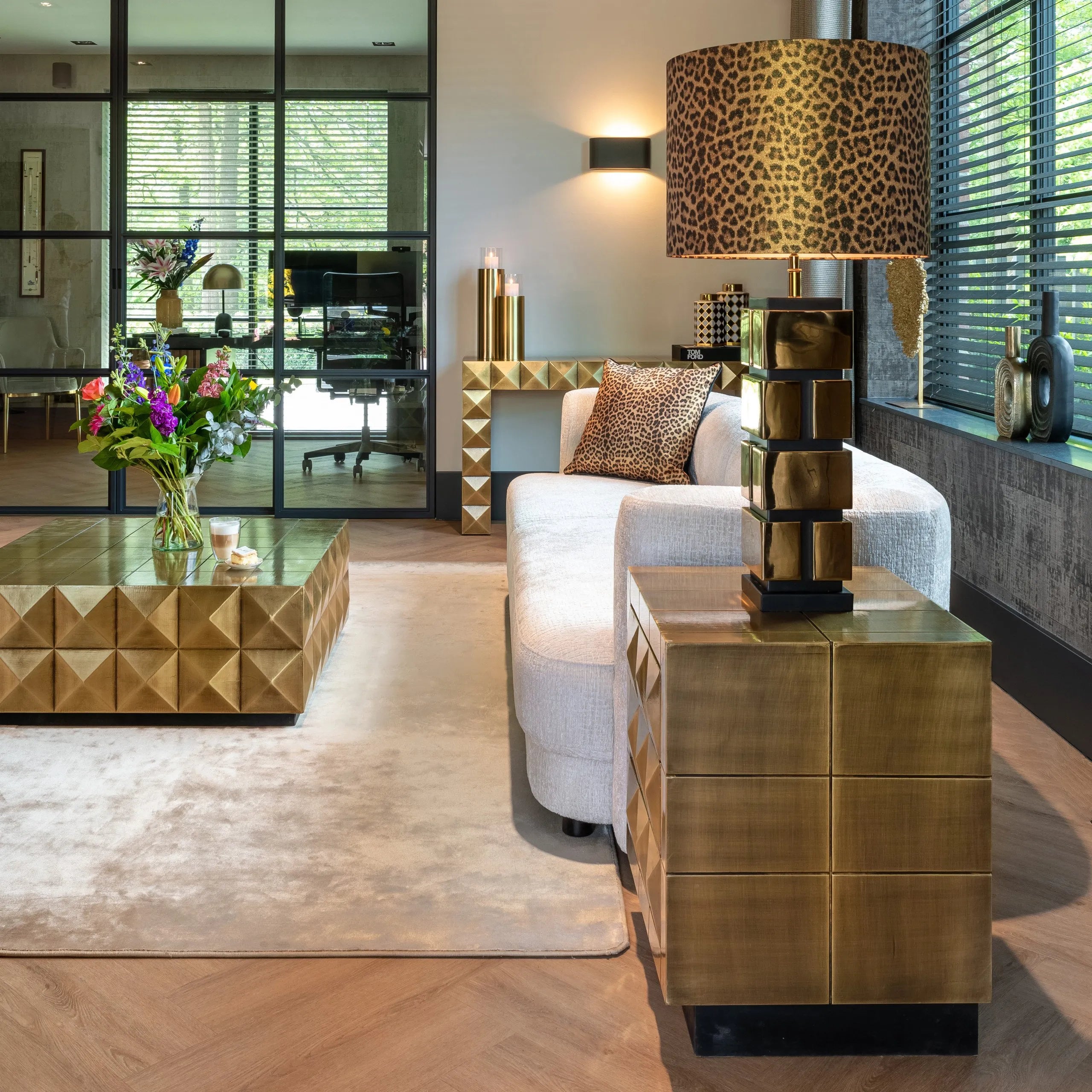 Richmond Interiors Collada Brushed Gold Geometric Pyramid Console Table