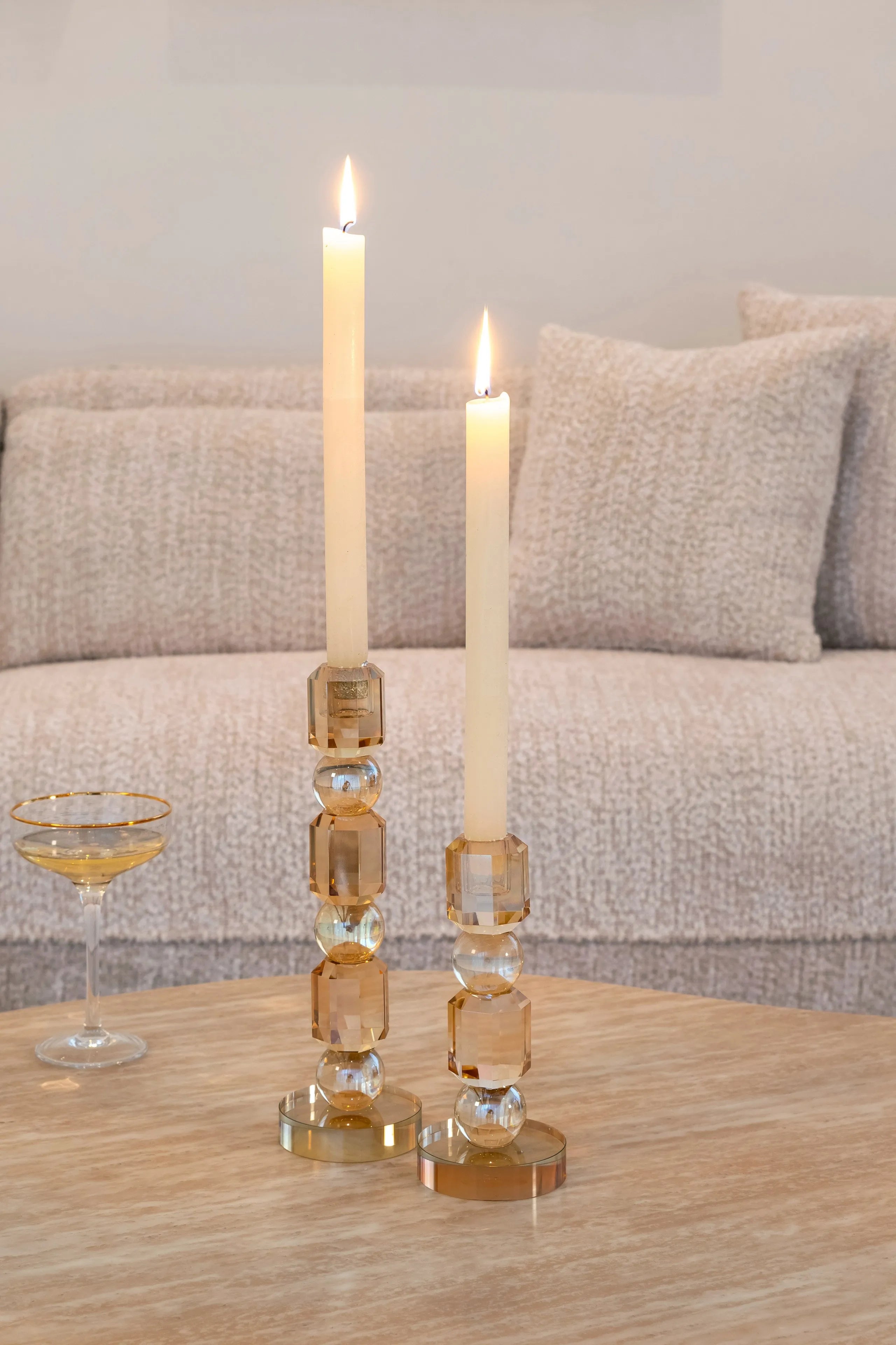 Richmond Interiors Meral Amber Crystal Glass Candlestick Holder Small