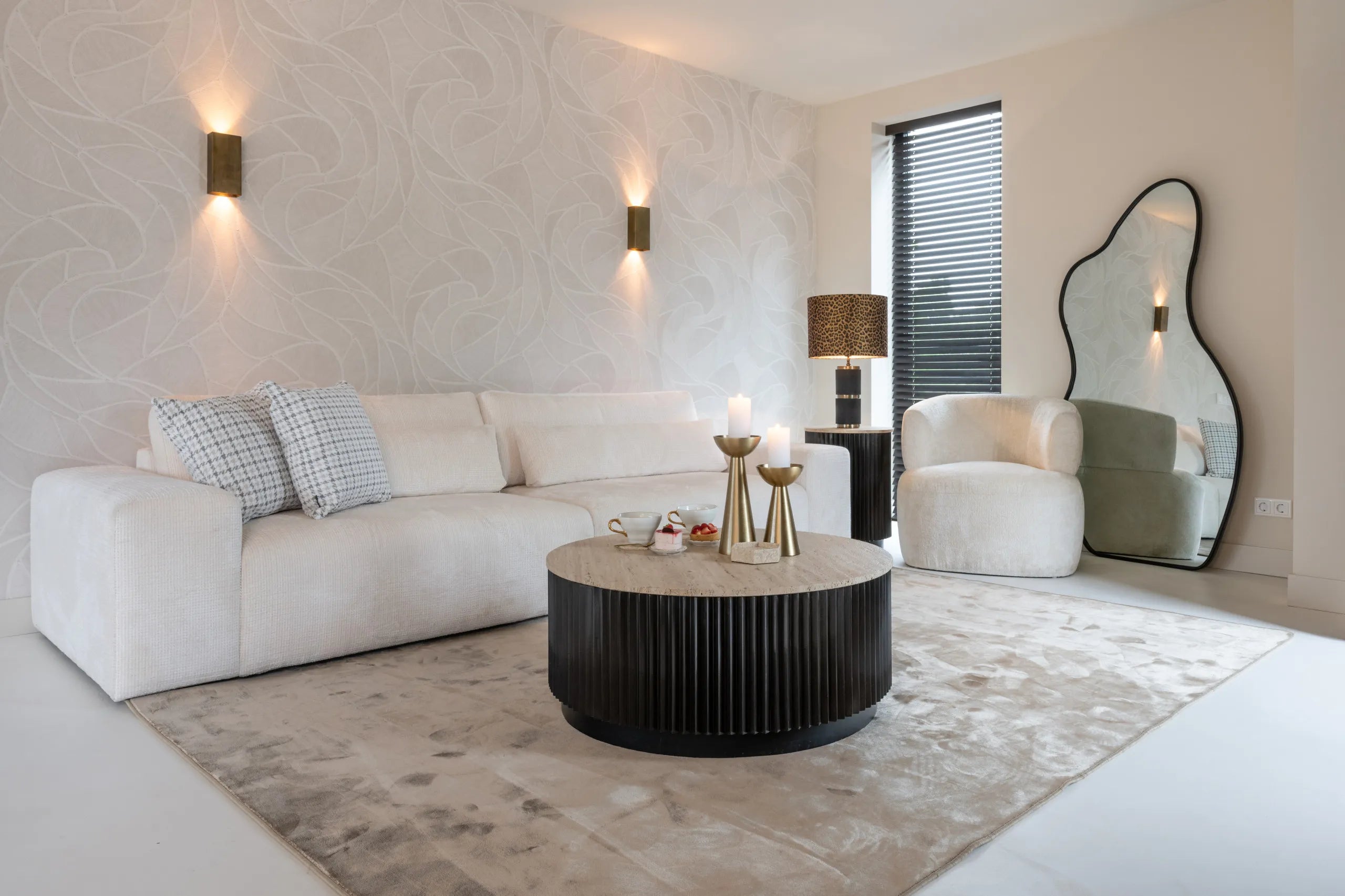 Richmond Interiors Hampton Black Wood & Beige Travertine Round Coffee Table