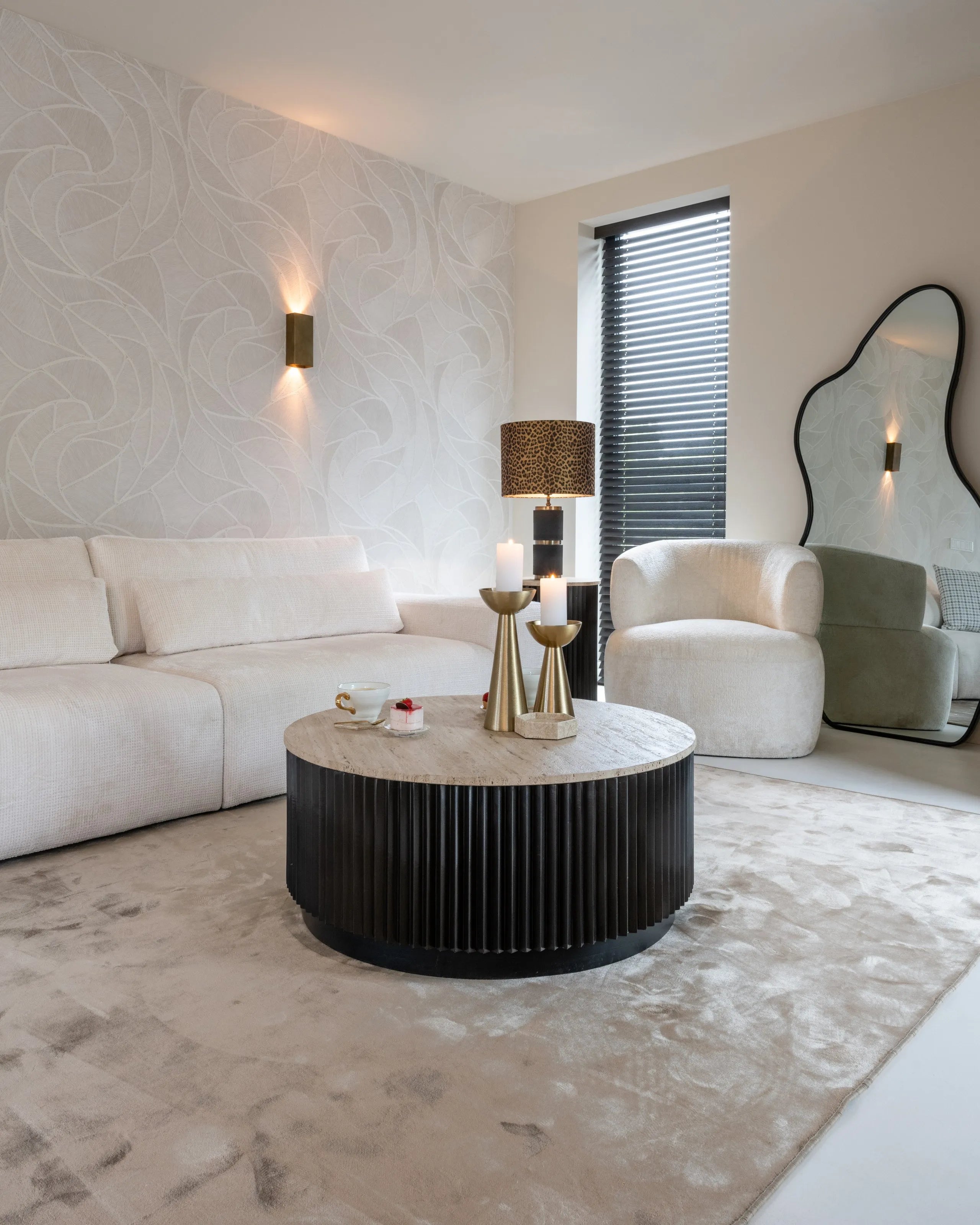 Richmond Interiors Hampton Black Wood & Beige Travertine Round Coffee Table