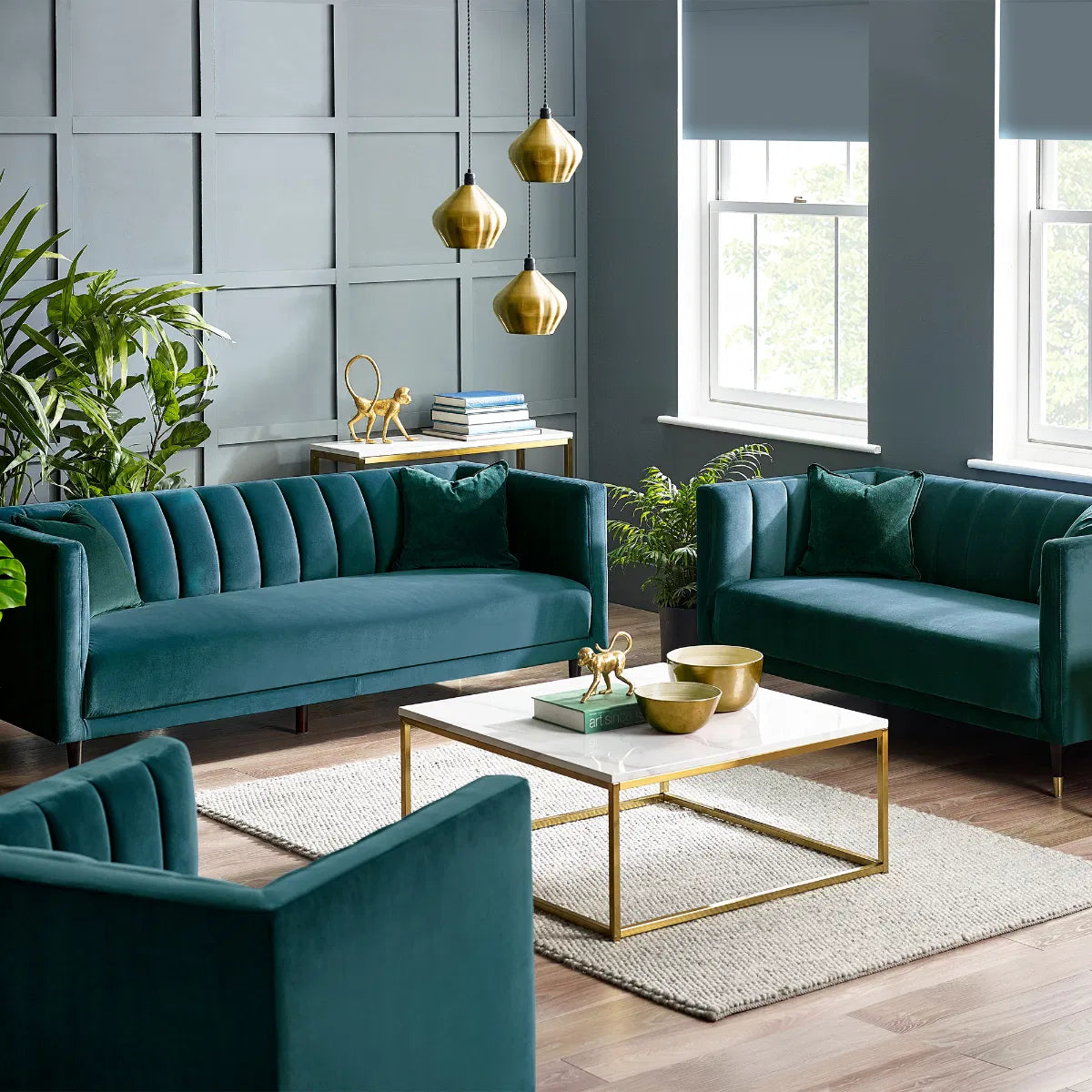 Gabor Teal Blue Velvet Scalloped Back Sofa Seater