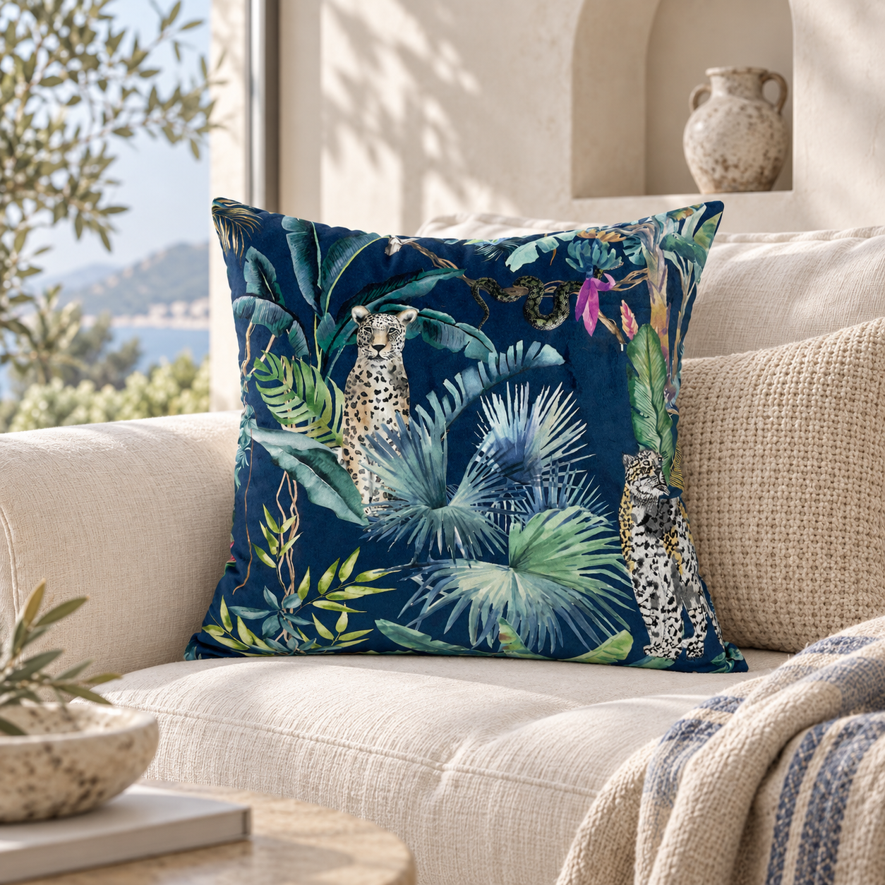 Malini Amigo Leopard On Blue Velvet Square Cushion 45x45 in a naturally lit room