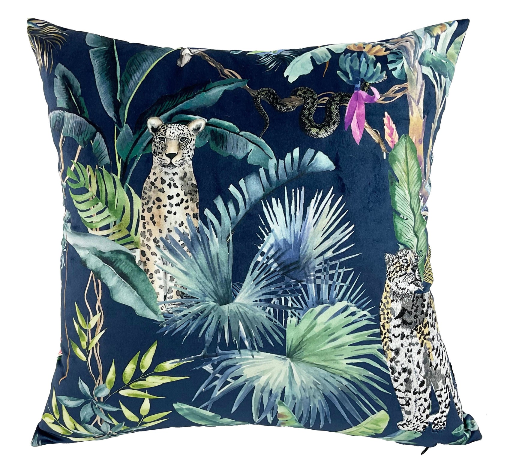 Malini Amigo Leopard On Blue Velvet Square Cushion 45x45
