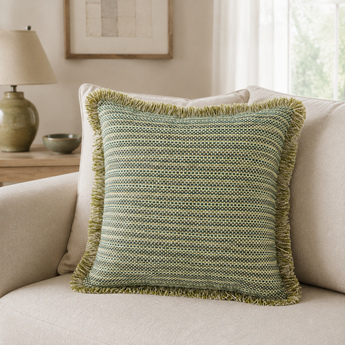 Malini Chicago Jacquard Mlti Thread with Fringe Green Square Cushion 45x45 lifestyle image