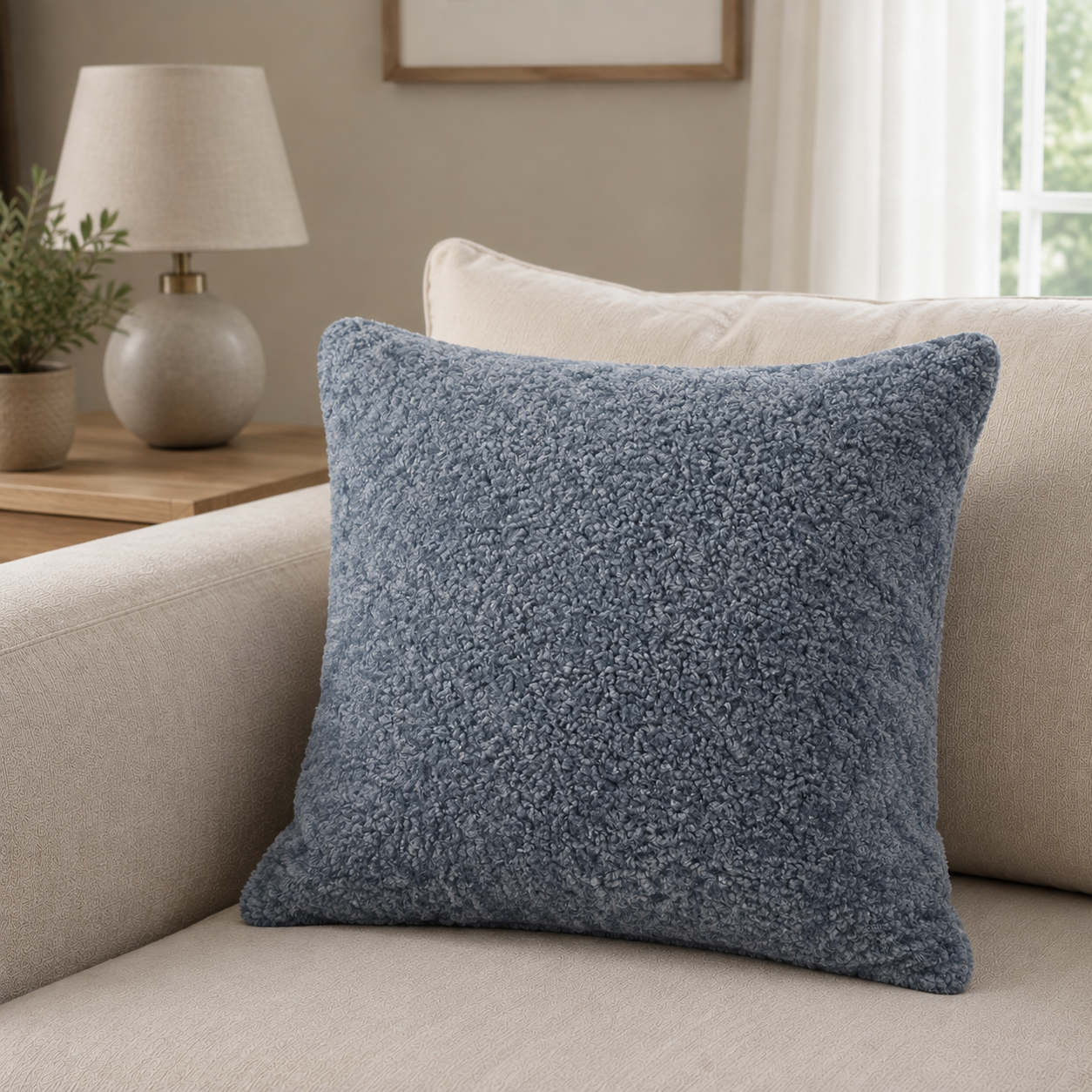 Malini Essence Textured Faux Fur Blue Square Cushion 45x45 styled on light neutral furniture