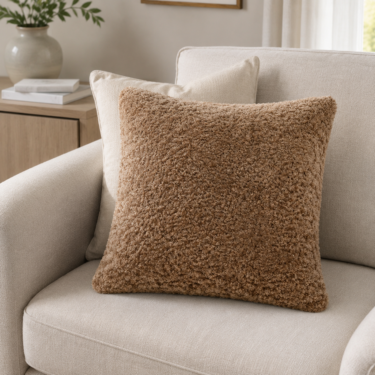 Malini Essence Textured Brown Faux Fur Square Cushion 45x45 styled on light neutral furniture