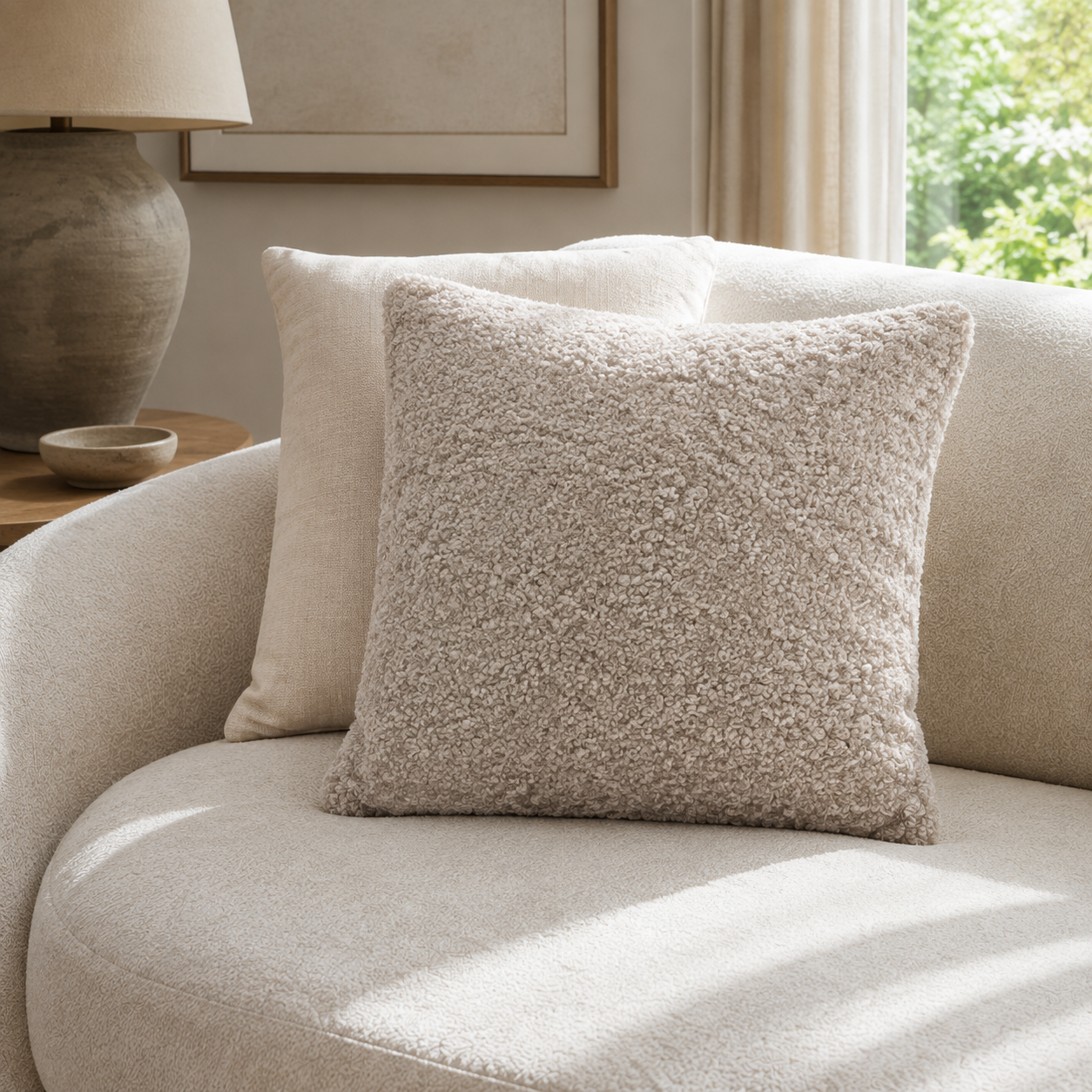 Malini Essence textured faux fur grey square cushion 45x45 in a neutral living room