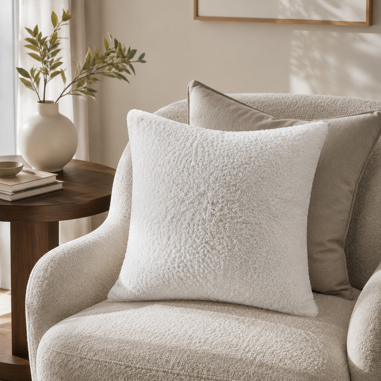 Malini Essence textured faux fur ivory white square cushion 45x45 in a neutral living room