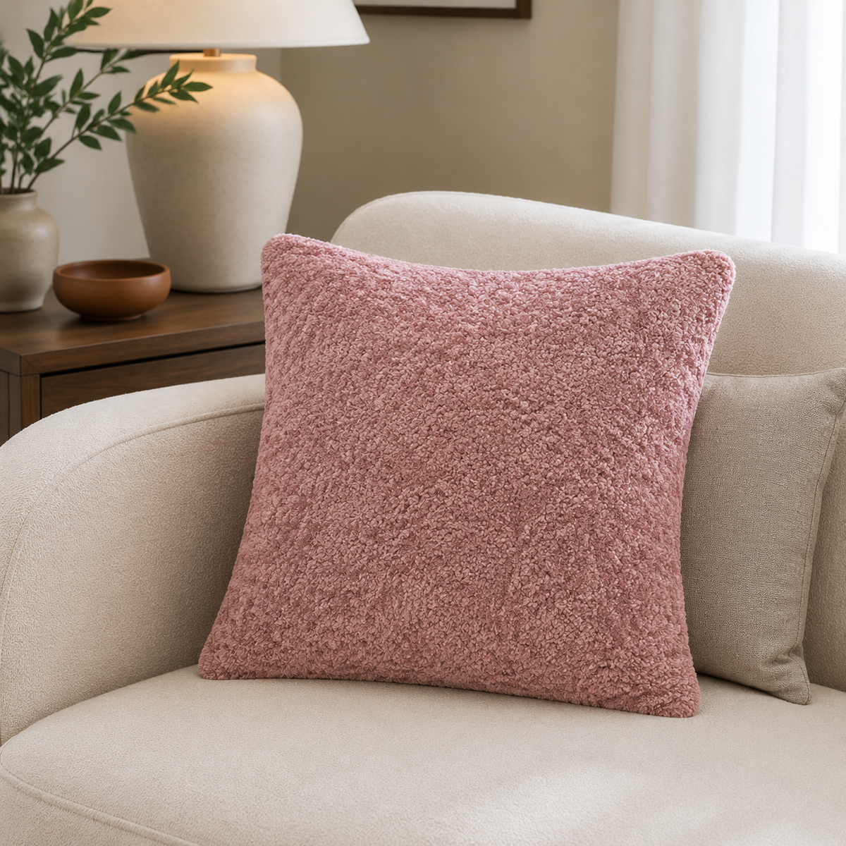 Malini Essence textured faux fur rosewood pink square cushion 45x45 in a neutral living room