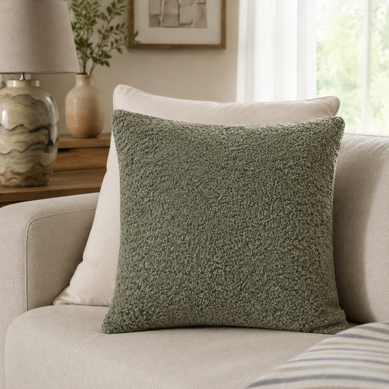 Malini Essence Textured Faux Fur Green Square Cushion 45x45 styled on light neutral furniture