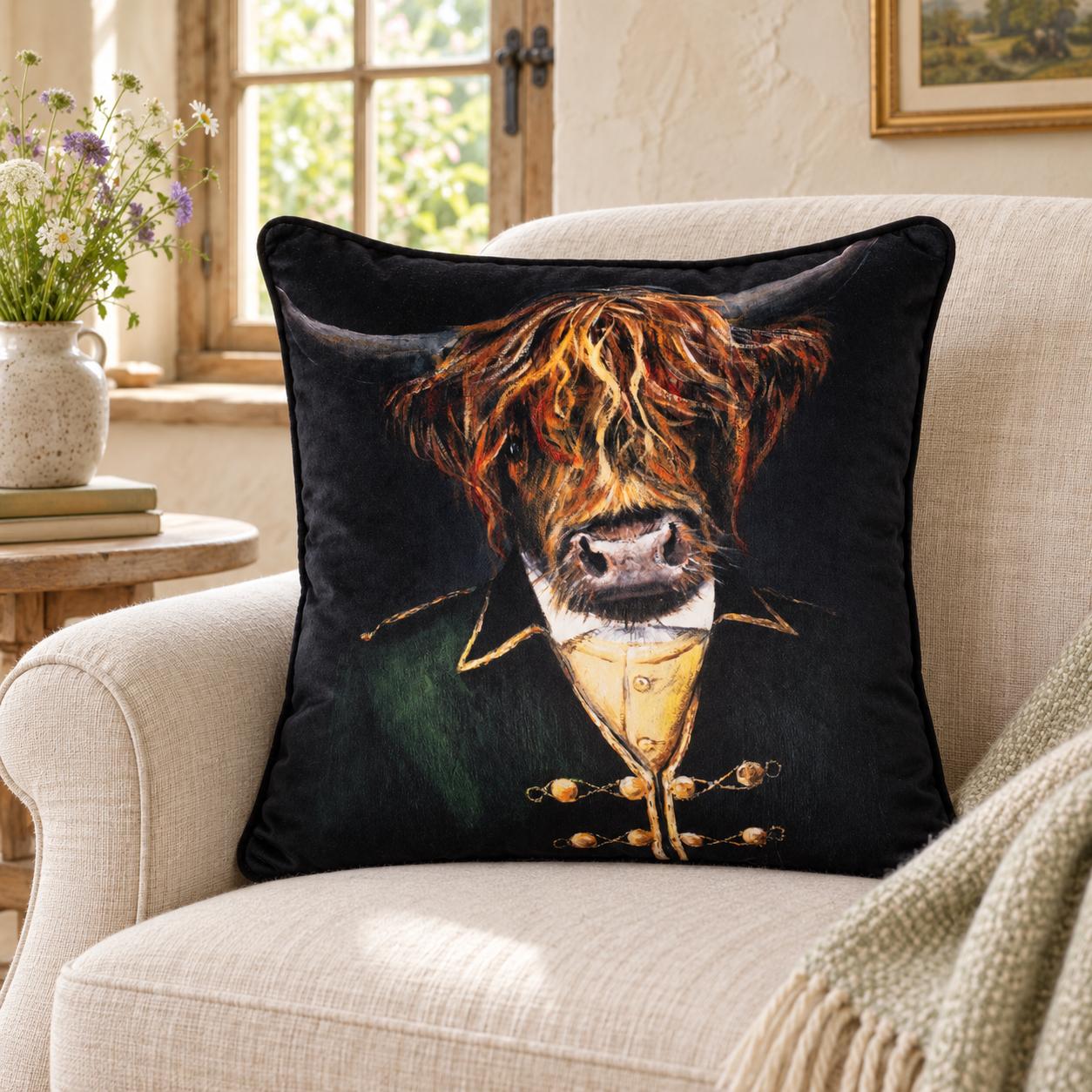 Malini Eton Highland Cow cushion in a light cottage interior