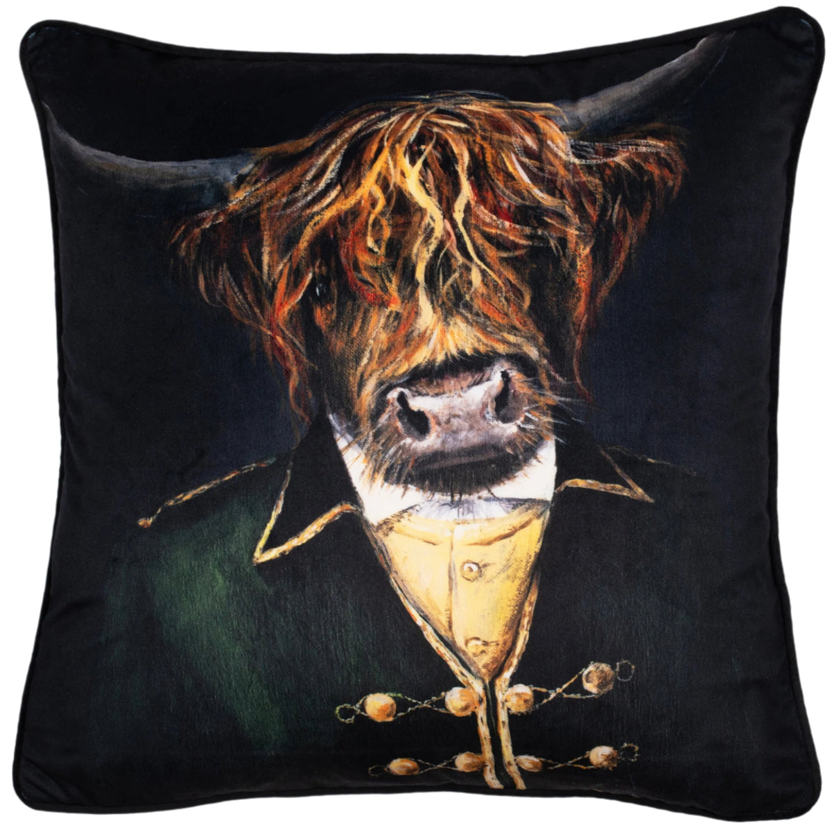 Malini Eton Dressed Printed Velvet Highland Cow Square Cushion 45x45