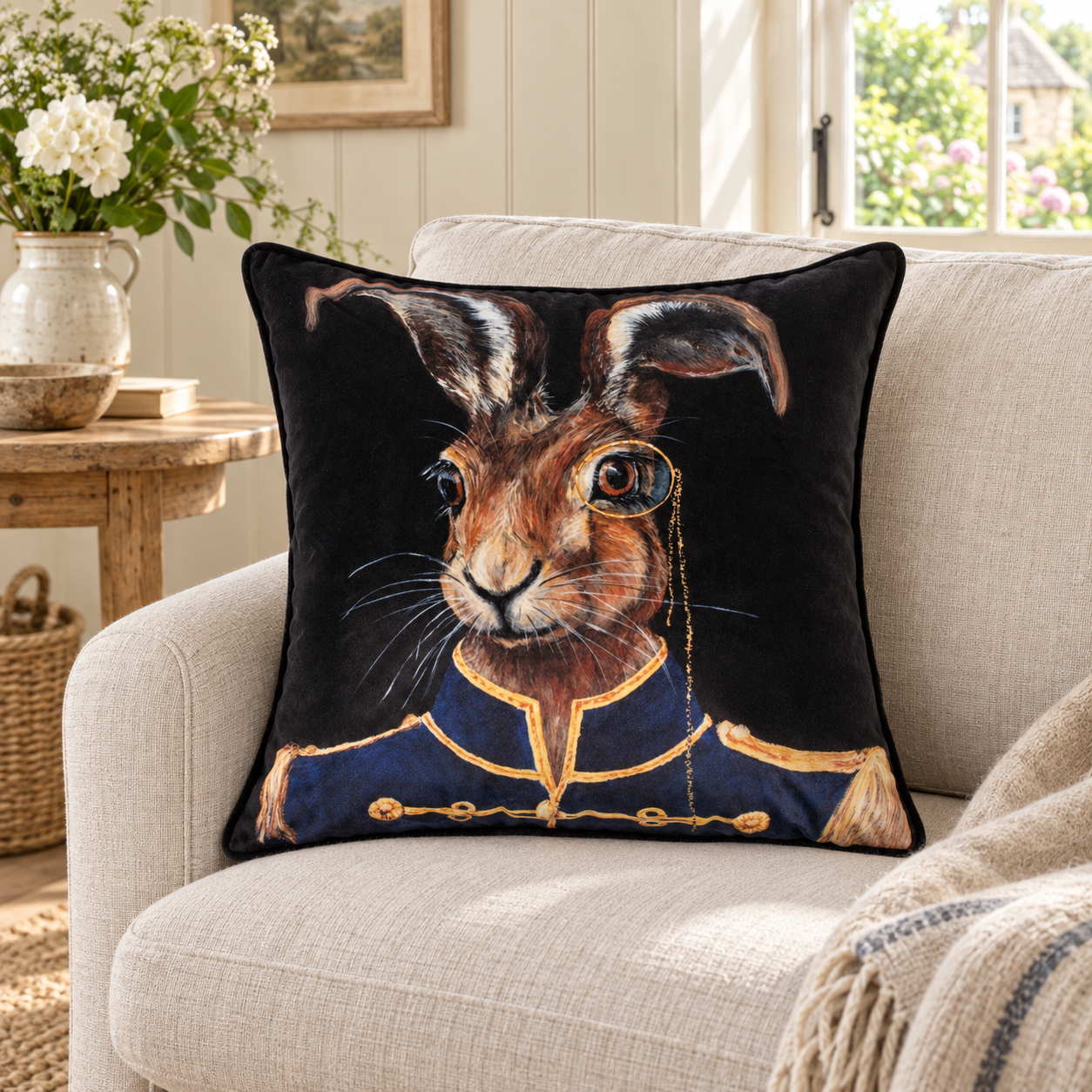 Malini Bree Hare cushion in a light cottage interior