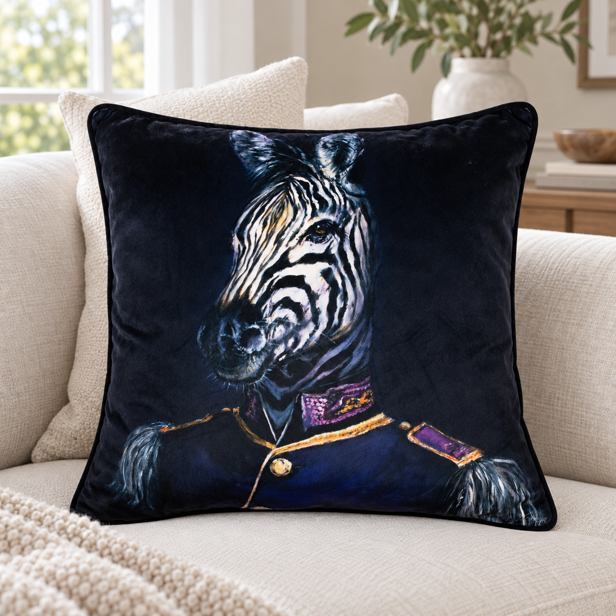 Malini Kalani Dressed Printed Velvet Zebra Square Cushion 45x45 lifestyle image