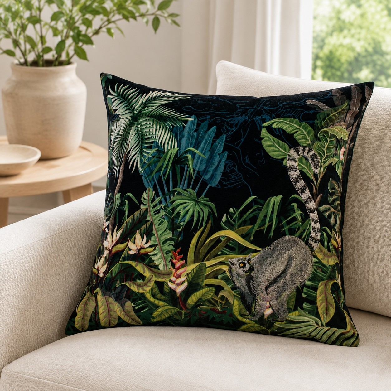 Malini Lemur On Black Velvet Square Cushion styled on a neutral armchair