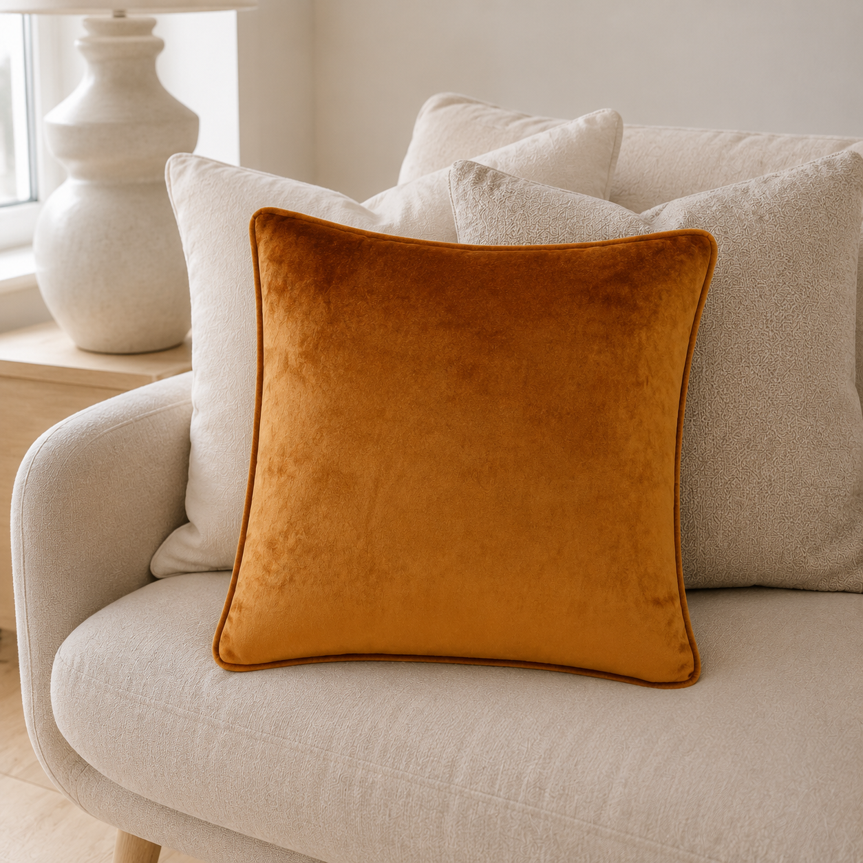 Malini Luxe Tan 43x43 velvet cushion styled on a light neutral armchair