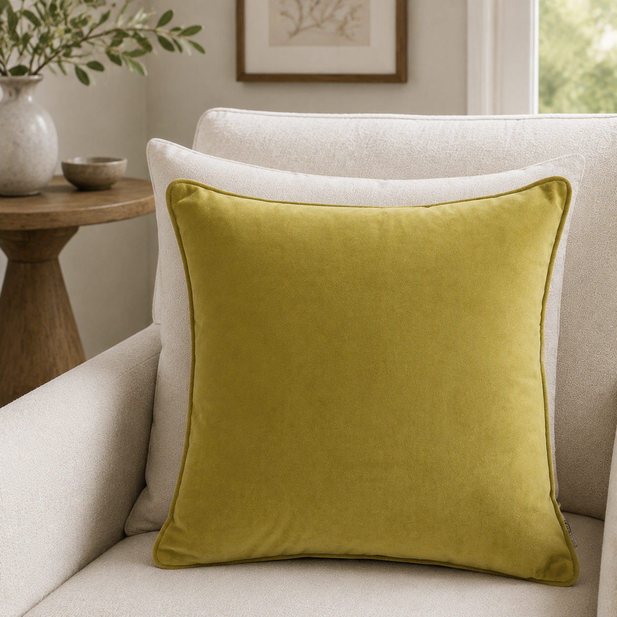 Malini Luxe Velvet Piped Acid Green Square Cushion 43x43 lifestyle image