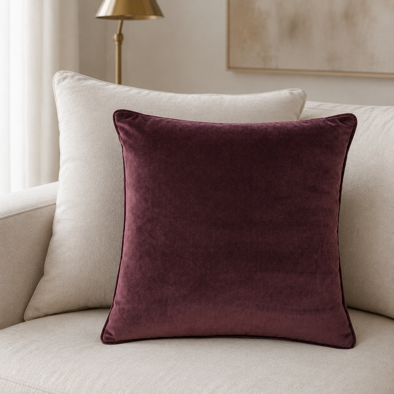 Malini Luxe Velvet Piped Aubergine Square Cushion 43x43 lifestyle image