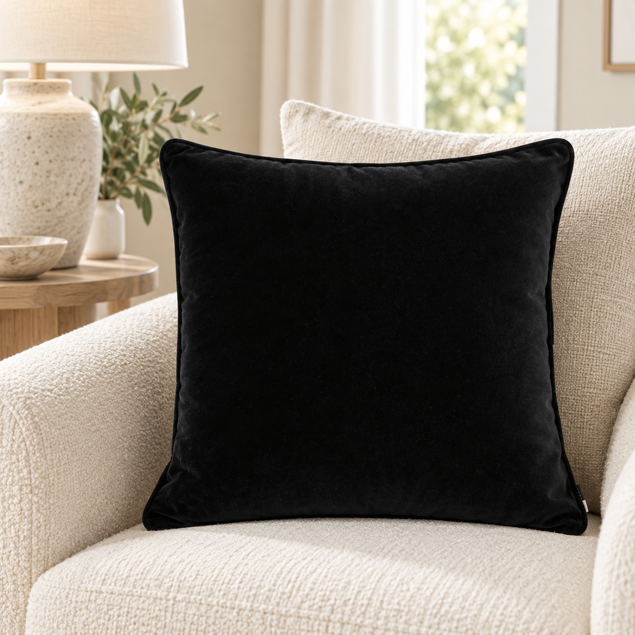 Malini Luxe Velvet Piped Black Square Cushion 43x43 lifestyle image