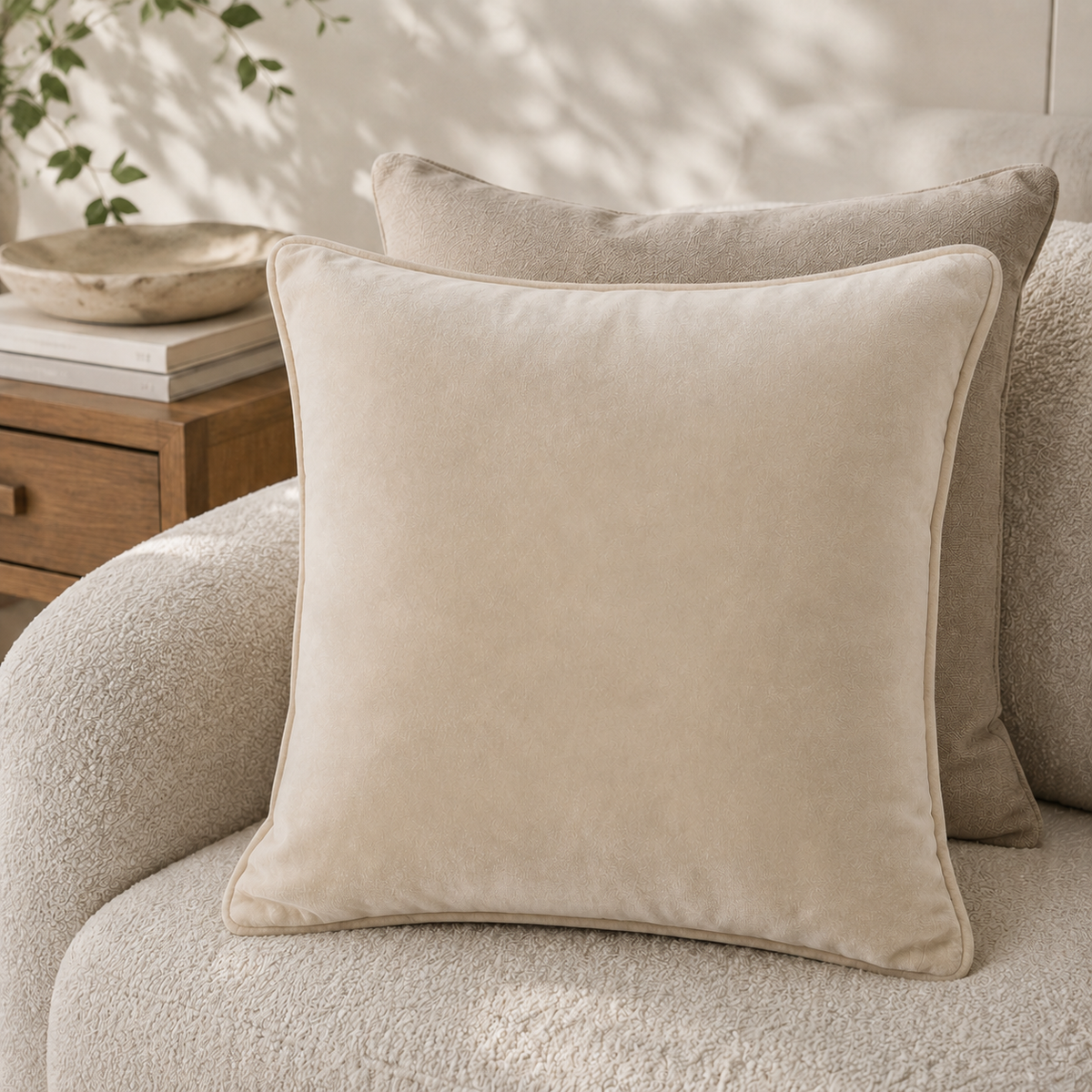 Malini Luxe Velvet Piped Champagne Square Cushion 43x43 lifestyle image