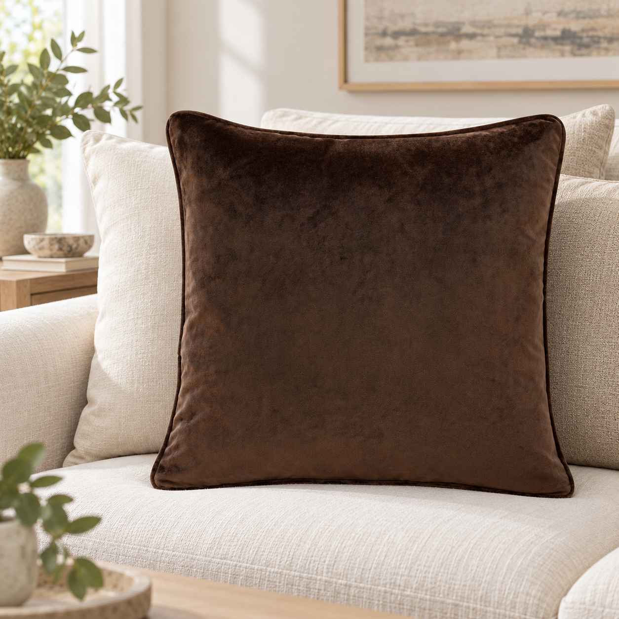 Malini Luxe Piped Velvet Chocolate Brown Square Cushion 43x43 lifestyle image