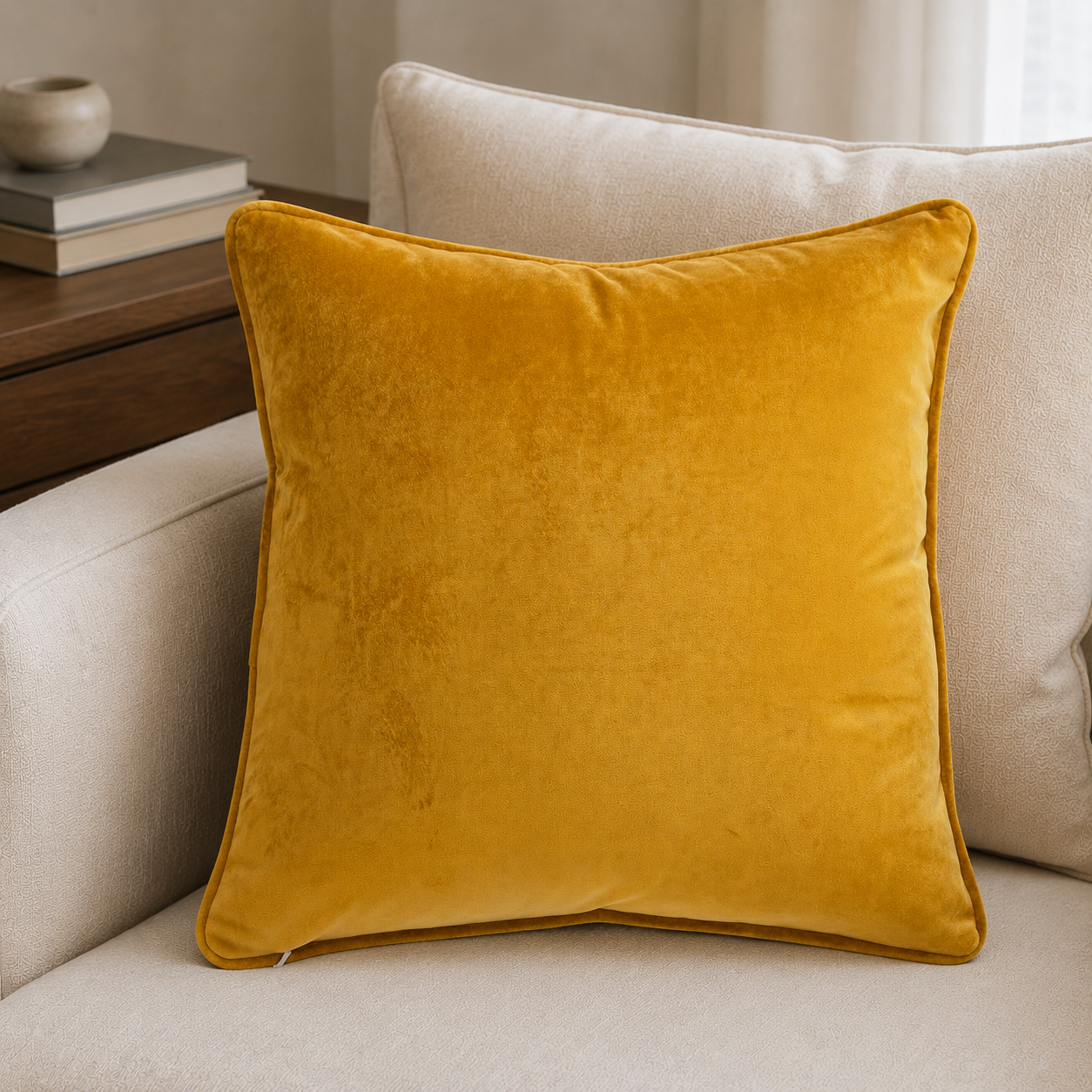 Malini Luxe Piped Velvet Cognac Square Cushion 43x43 lifestyle image