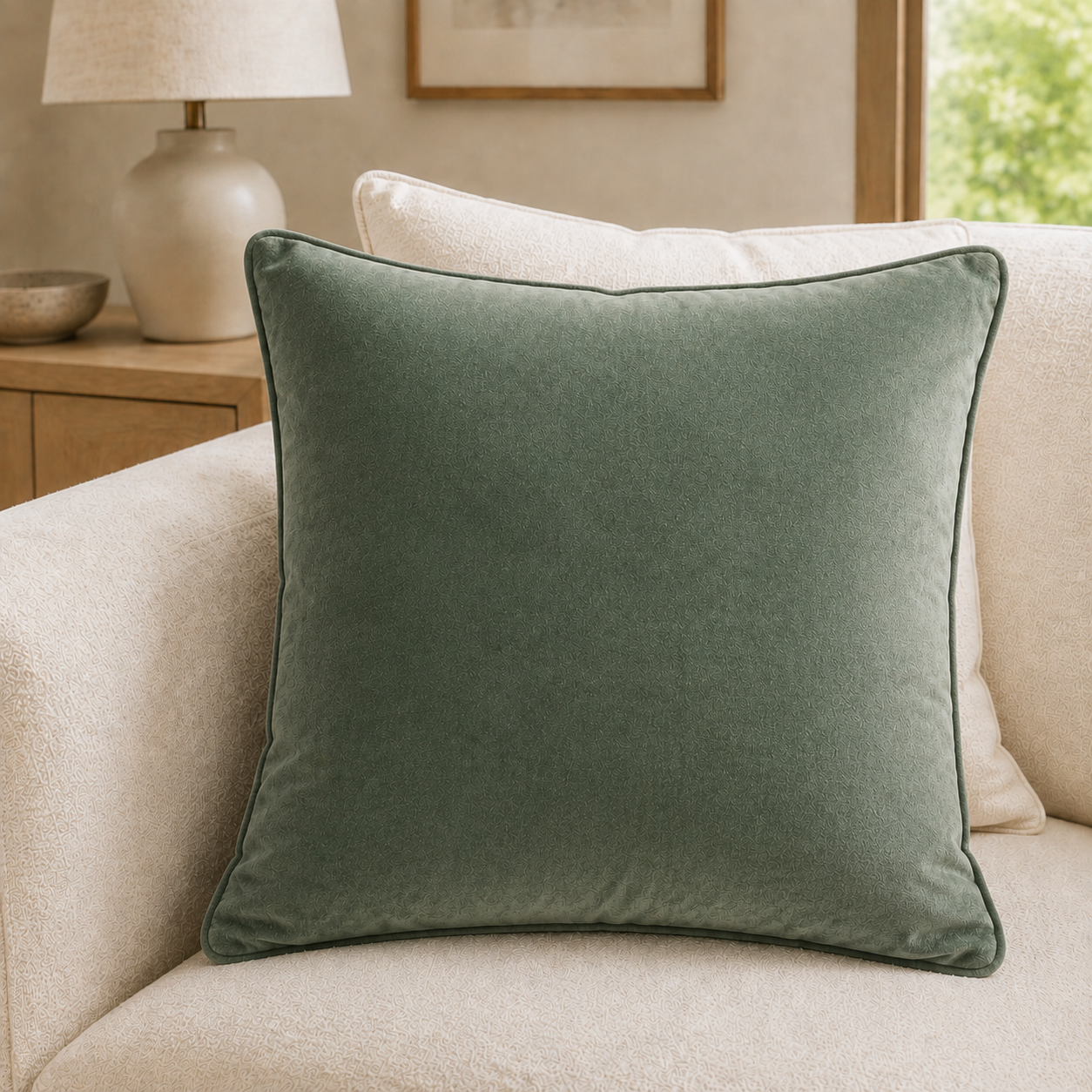 Malini Luxe Velvet Piped Eucalyptus Square Cushion 43x43 lifestyle image