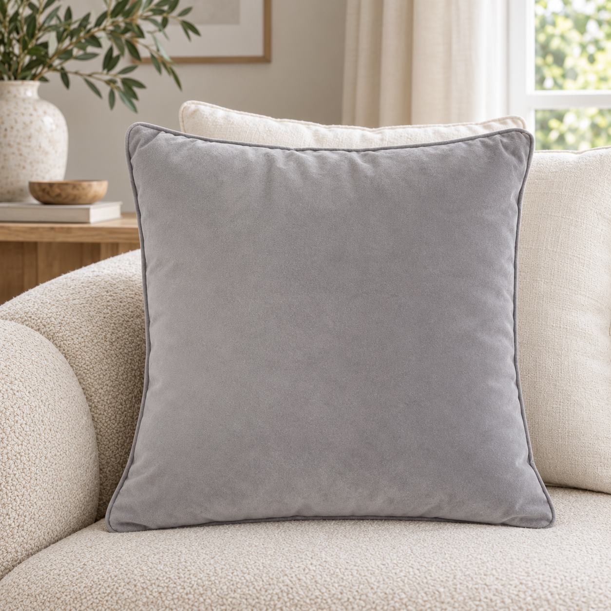 Malini Luxe Velvet Piped Grey Square Cushion 43x43 lifestyle image