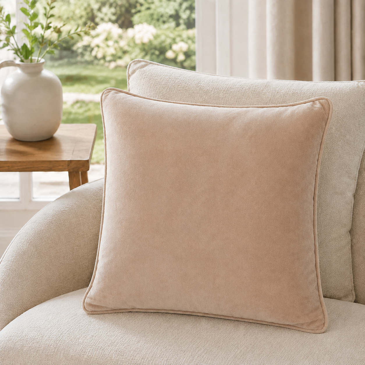 Malini Luxe Plain Velvet Piped Mink Square Cushion 43x43 lifestyle image