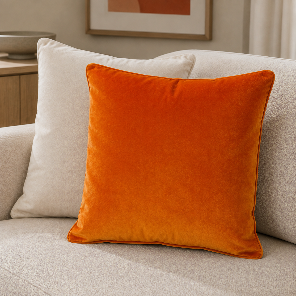 Malini Luxe Plain Matte Orange Square Cushion 43x43 lifestyle image