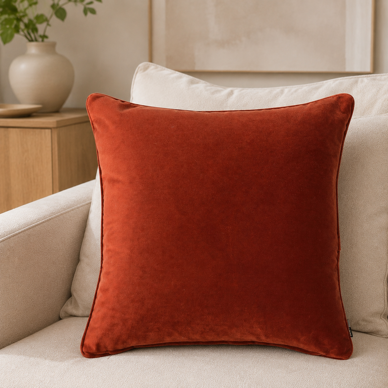 Malini Luxe Velvet Piped Paprika Square Cushion 43x43 lifestyle image