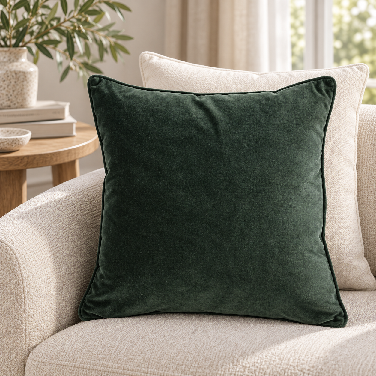 Malini Luxe Velvet Piped Pine Green Square Cushion 43x43 lifestyle image